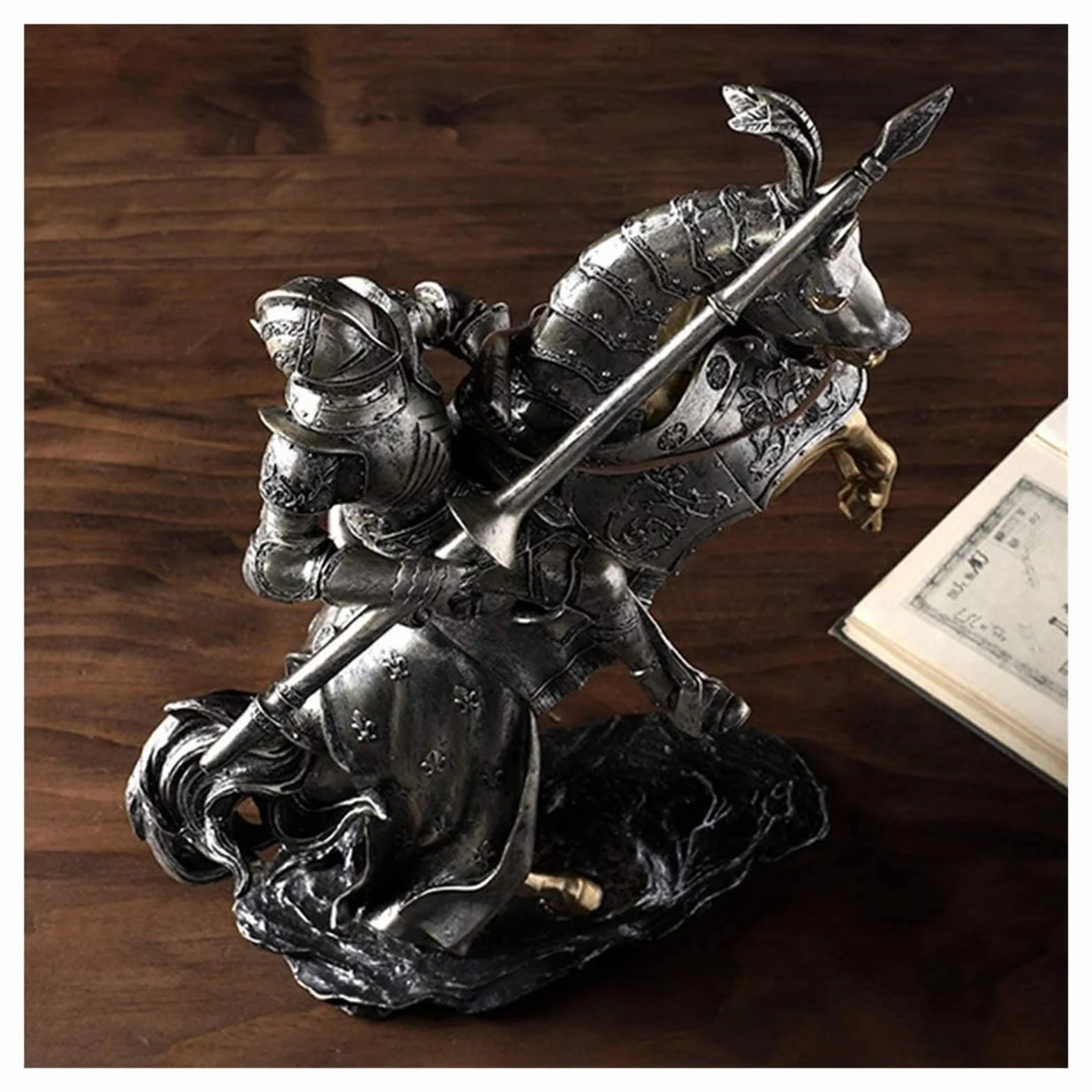 rzeźba artystyczna rodzina rzeźba artystyczna figurki dekoracja biurowa w domu statua rycerz statua Ornament zbroja średniowieczna rzeźba na koniu kolekcjonerska dekoracja figurka prezent do d