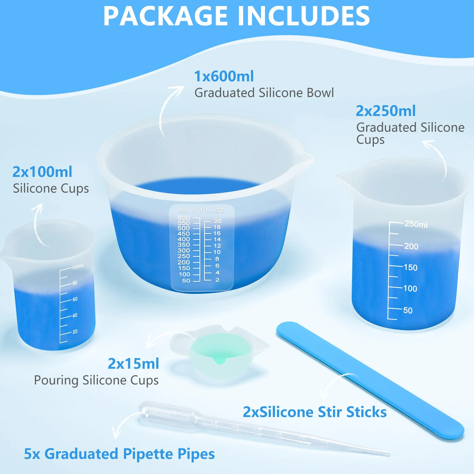 Silikonowe Kubki Pomiarowe, 14 sztuk Silikonowe Kubki na żywicę Epoksydową 600ml/ 250ml/ 100ml do żywica Epoksydowa, Formy Odlewnicze, Woskowanie, Kuchnia