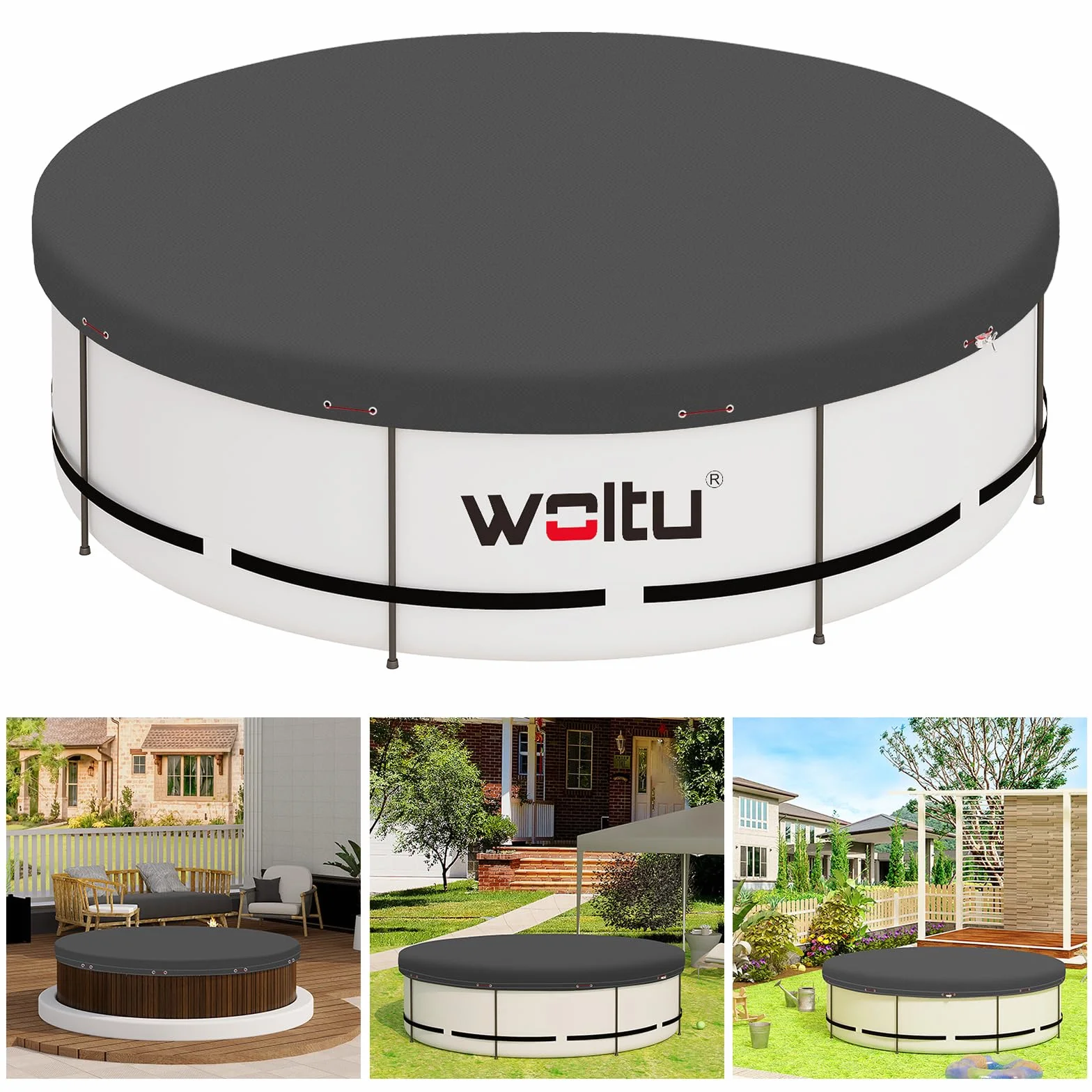 WOLTU Pokrywa basenu okrągłego Ø 360 cm, do basenów 300-320 cm, plandeka basenowa z PE 200 g/m², wodoodporna, z liną i elementem mocującym, ciemnoszara