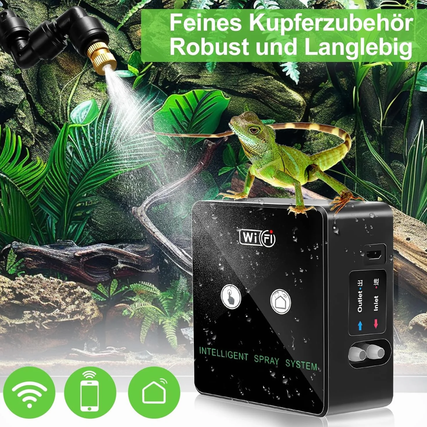 Nawilżacz powietrza terrarium, inteligentny system mgiełki gadów z dyszami natryskowymi o 360°, timer i pilot zdalnego sterowania na telefon komórkowy, automatyczna praca, przezroczysty, mosiądz