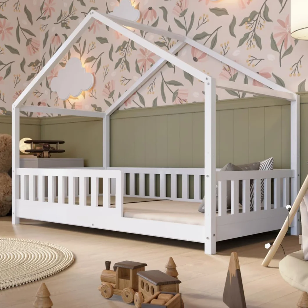 Łóżko domek Crazy Blanco 160 x 80 cm – Białe łóżko dziecięce z naturalnego drewna z odkręcaną barierką – Łóżko Montessori