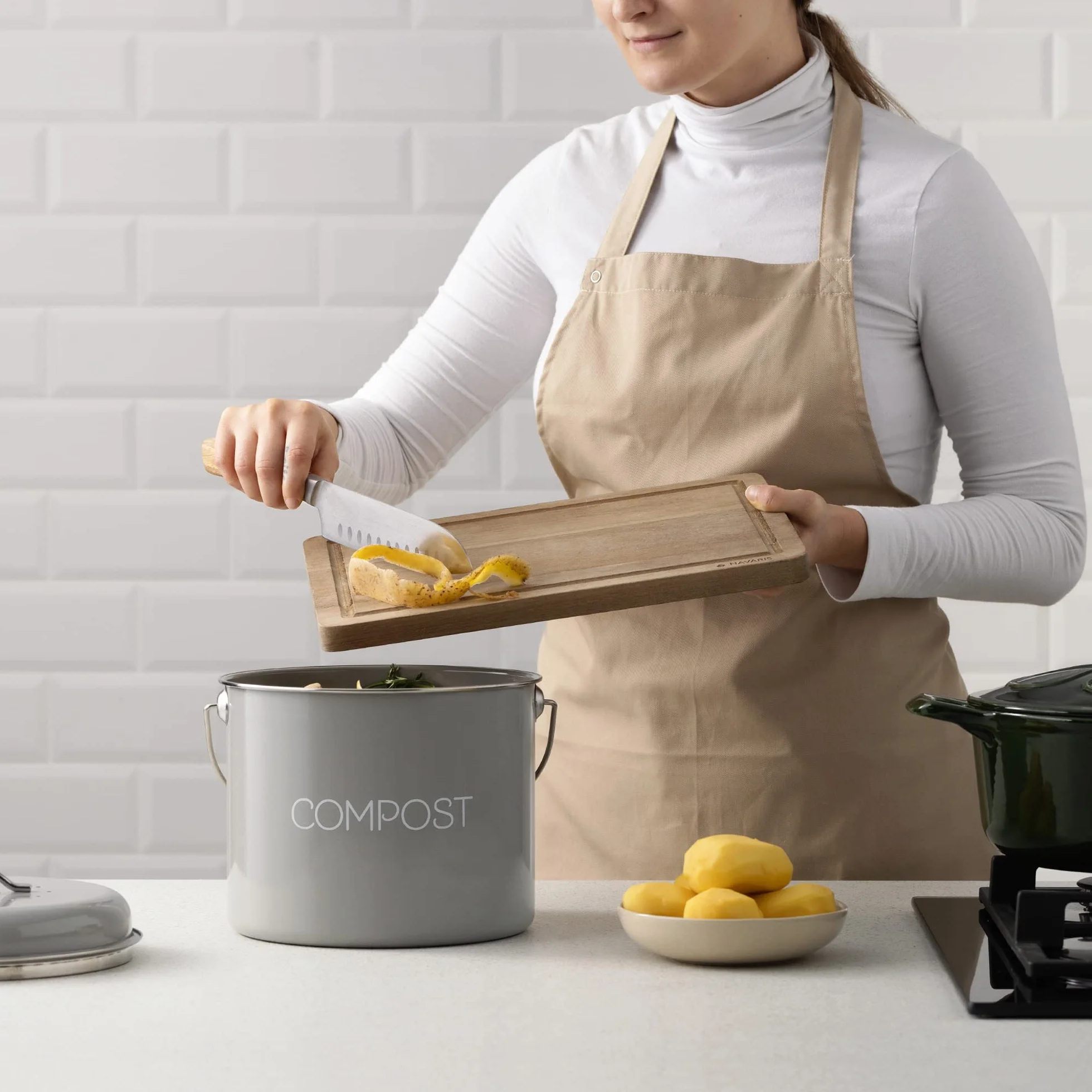 Navaris Metalowy kosz na kompost, 5 l, kuchenne wiadro do kompostowania z filtrem węglowym i pokrywką, do recyklingu ekologicznych odpadów spożywczych w pomieszczeniach, szary