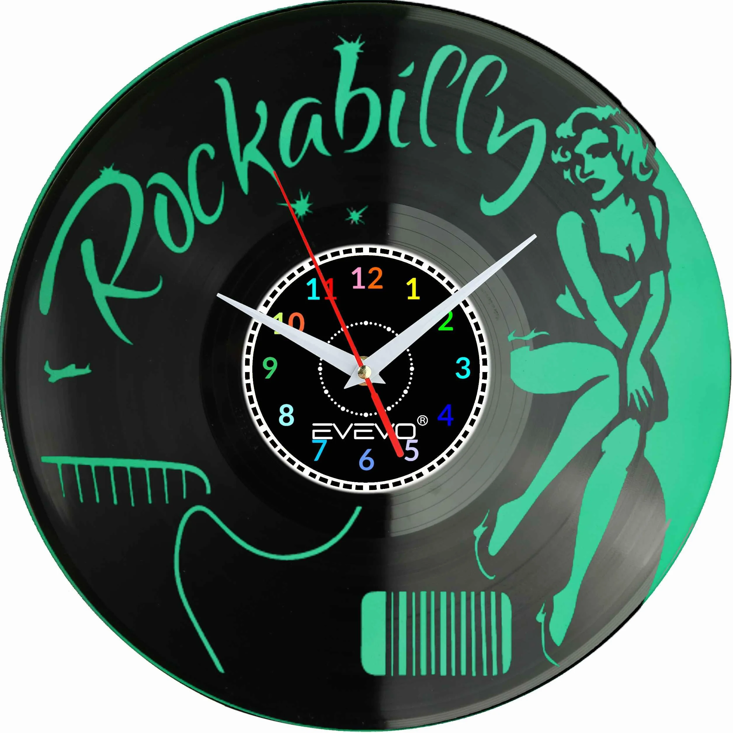 ZEGAR ŚCIENNY ROCKABILLY ROCK 'n' ROLL FLUORESCENCYJNE TŁO PŁYTA WINYLOWA PREZENT UPOMINEK URODZINY EVEVO F0017