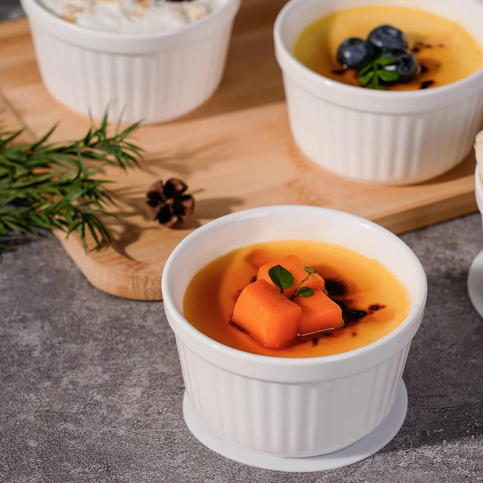 Ramekins zestaw 6 sztuk, 200 ml - 7 oz, porcelanowe ramekiny, ceramiczne naczynia do sufletu, ramekiny odporne na piekarnik, naczynie do crème brûlée 9 cm do ciast, puddingu, lodów i sosów