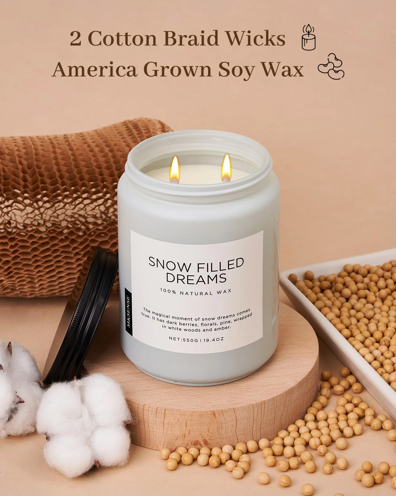Świece zapachowe M&SENSE duże w szkle Śnieżne Marzenia Zimowe z jeżyną i sosną 550g, 110 godz. czasu palenia naturalne prezenty świec aromaterapeutycznych SnowFilledDreams