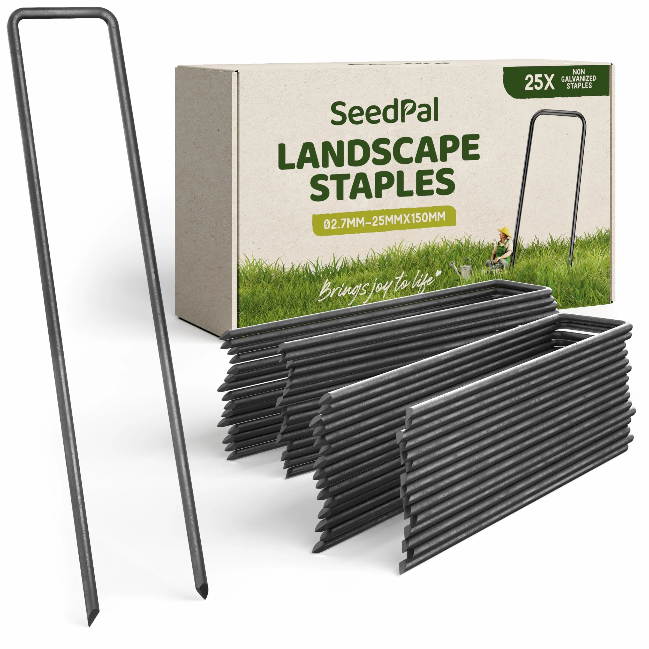 SeedPal 25 szt. kołków do mocowania podłoża, nieocynkowane, stabilne słupki z włókniny, ochrona przed chwastami, ogrodzenie i namiot – 150 mm x 25 mm x Ø 2,7 mm – stalowe śledzie do podłoża, kotwy do