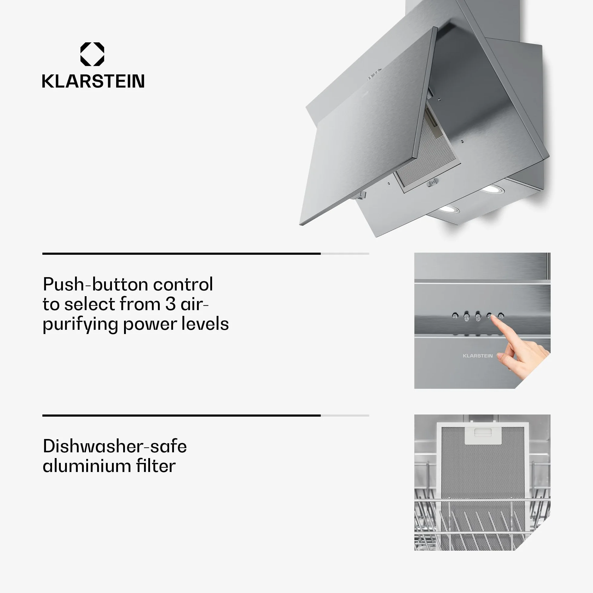 Klarstein Athena Kopffreihaube 90 cm – 254 m³/h, A+++, LED-Beleuchtung, 3 Stufen & Boost, Abzugshaube Küche, Umluft & Abluft, leise, Aluminium- & Aktivkohlefilter, modernes Design, Edelstahl