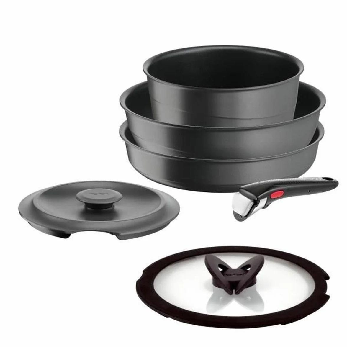 Tefal Ingenio Zestaw 6 sztuk, Patelnia, Wok + pokrywa szklana 26 cm, Cocotte + pokrywa z odlewu aluminiowego 20 cm, wyjmowany uchwyt Ingenio, indukcja, odlew aluminiowy, Inspiracja L867S604
