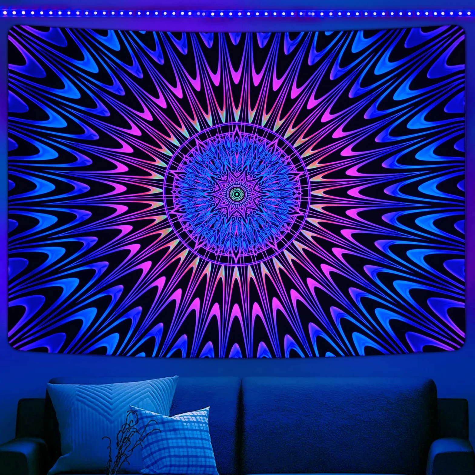 Alishomtll Czarno-kolorowy, dywan ścienny w stylu boho, mandala, reaktywna na promieniowanie UV, psychodeliczny hipisowski dywan ścienny, dekoracja domu, do sypialni, na imprezę, 210 x 150 cm