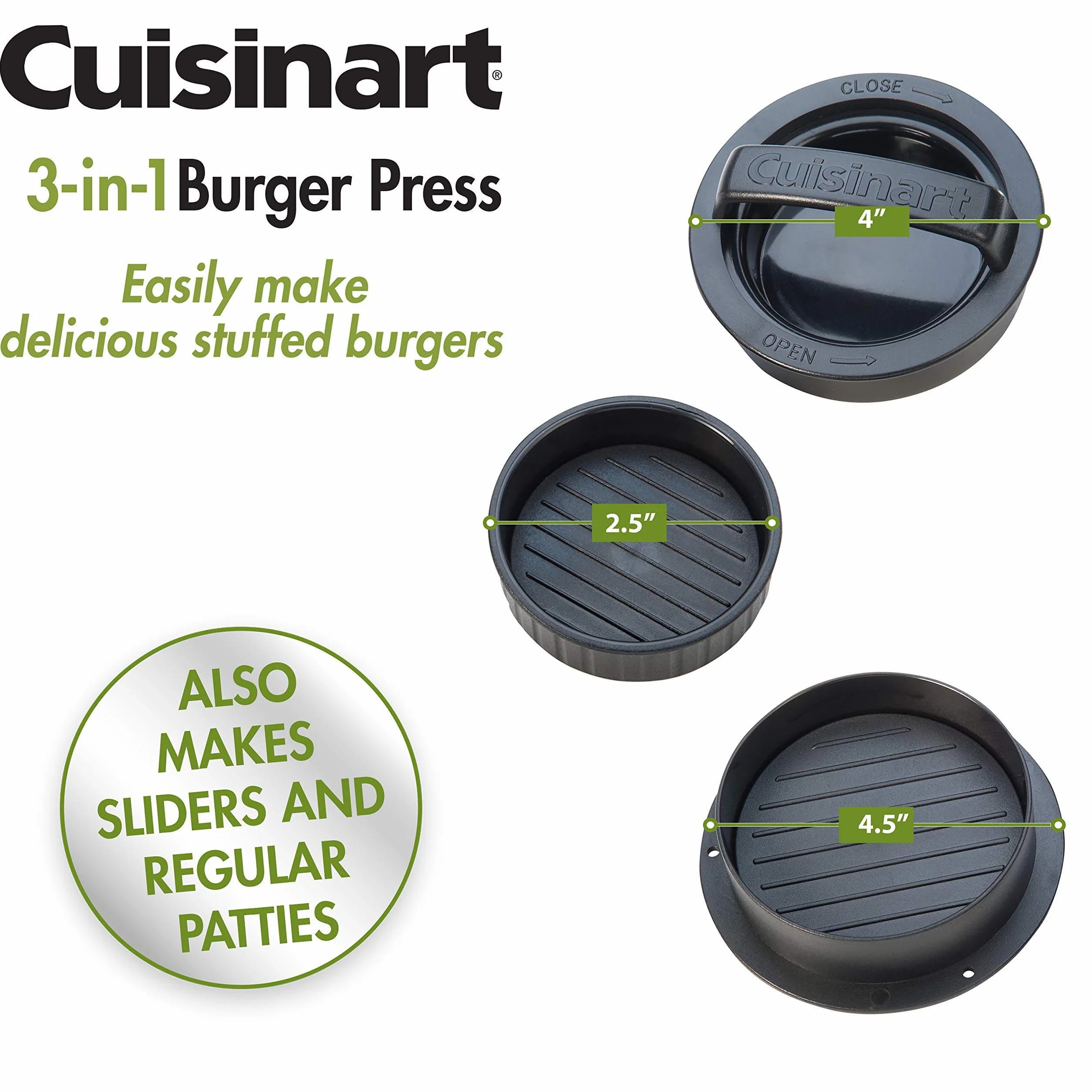 Cuisinart CSBP-100 nieprzywierająca prasa do burgerów 3 w 1, suwaki do grilla 1/4 kg, nadziewane burgery, 1/2 kg, i pasztety 3/4 kg, czarne