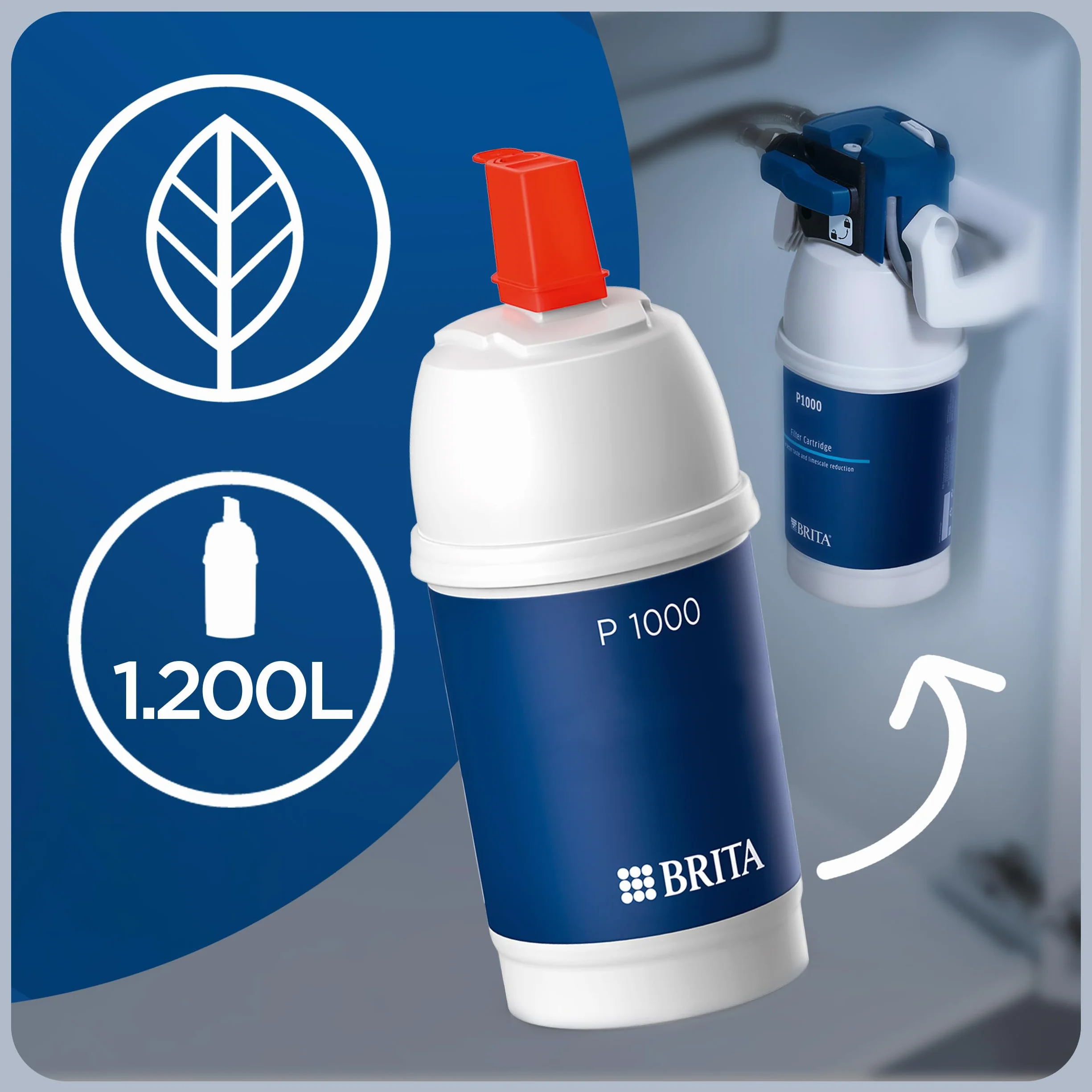 BRITA Podzlewowy filtr do wody P1000, redukcja kamienia, smaczna, czystsza woda bez chloru i zanieczyszczeń