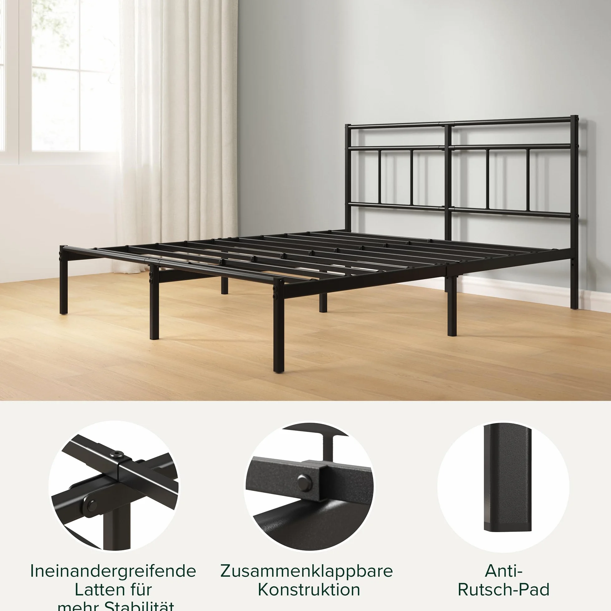Zinus Elias Łóżko 200 x 140 cm – 30 cm wysokości – metalowa rama łóżka z zagłówkiem – metalowe łóżko ze stelażem – nie wymaga łóżka kontynentalnego, wolna przestrzeń pod łóżkiem, nowoczesne