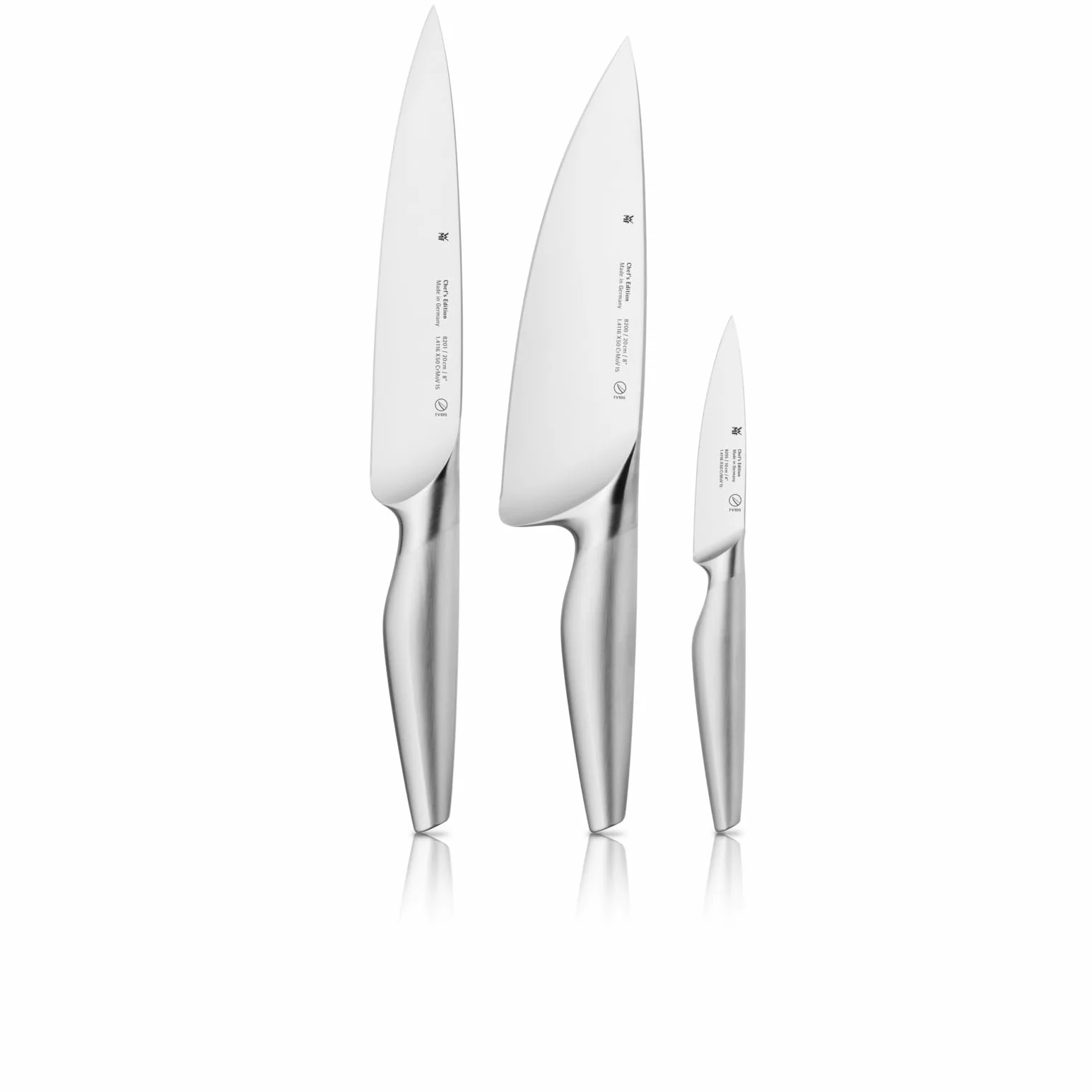 WMF Chef's Edition 3-częściowy zestaw noży, Made in Germany, 3 kute noże, noże kuchenne, nóż szefa kuchni, nóż do mięsa, nóż do szpikulca, Performance Cut, specjalna stal ostrza, drewniane pudełko