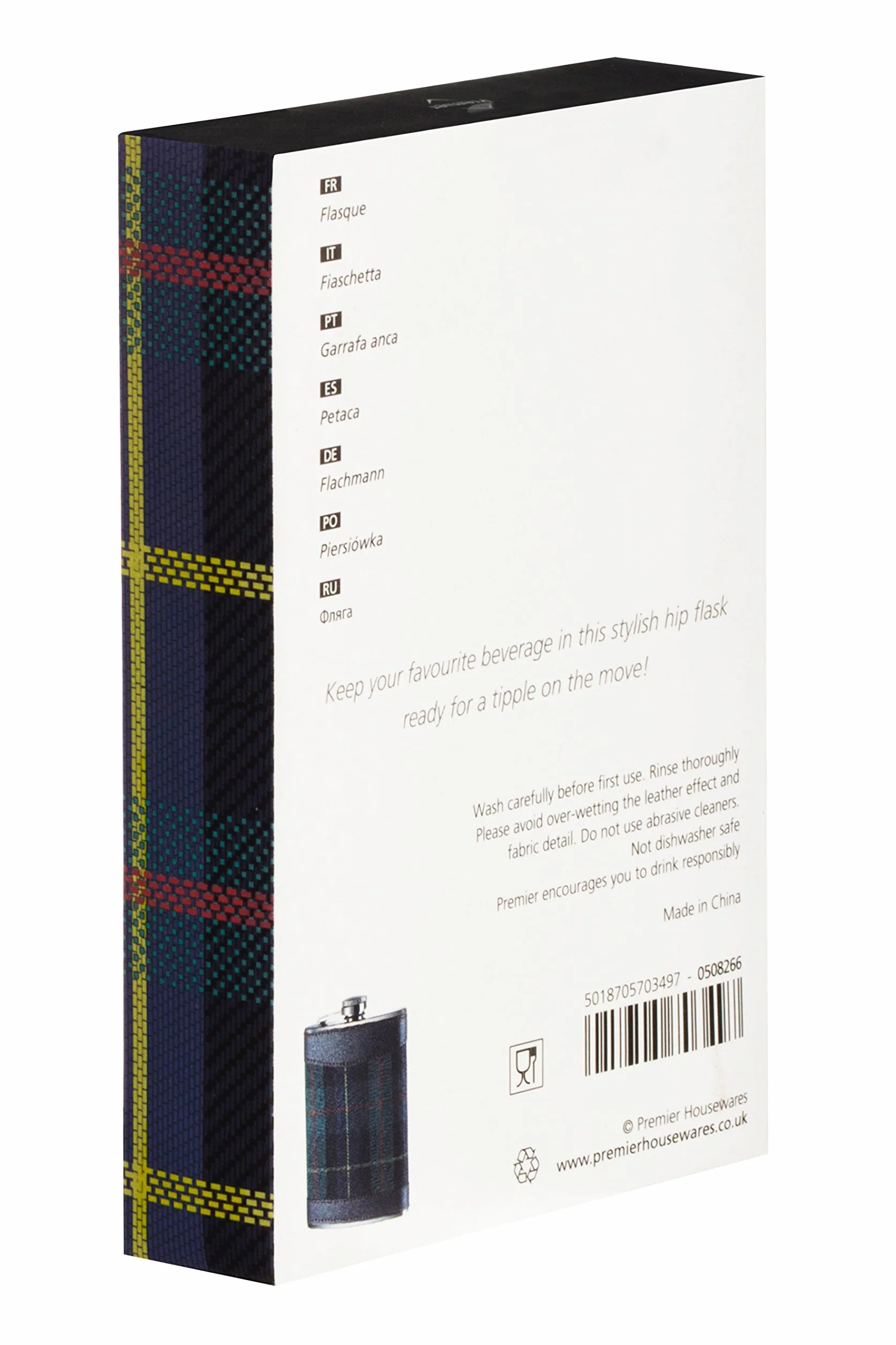 Piersiówka do domu wewnątrz i na zewnątrz, 226 g, stal nierdzewna/zielony tartan