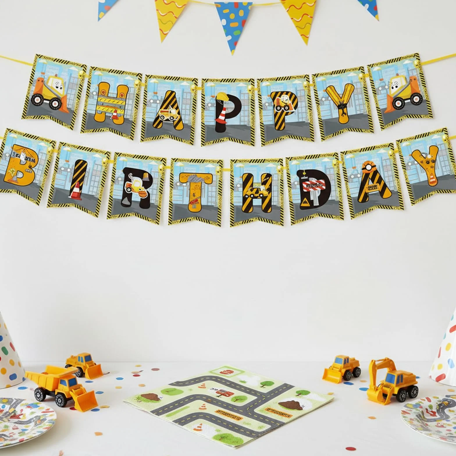 Koboko Pojazdy budowlane Happy Birthday, girlanda na plac budowy, baner imprezowy, niebiesko-czerwony żółty, 18 x 16 cm