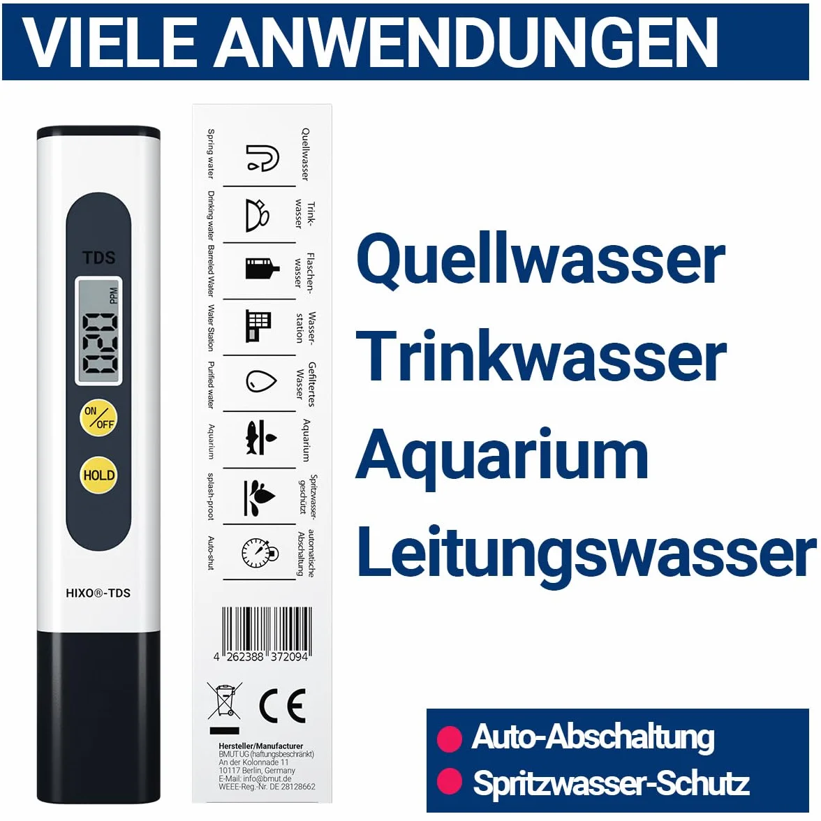 miernik TDS z sondą tytanową tester wody do wody pitnej, osmozy, akwarium, hydroponiki