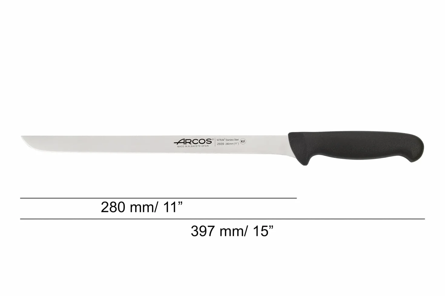 Arcos 293925 seria 2900 - szynka do krojenia nóż - ostrze nitrm 280 mm (11 cali) - uchwyt polipropylenowy czarny kolor, 18/8 stal nierdzewna