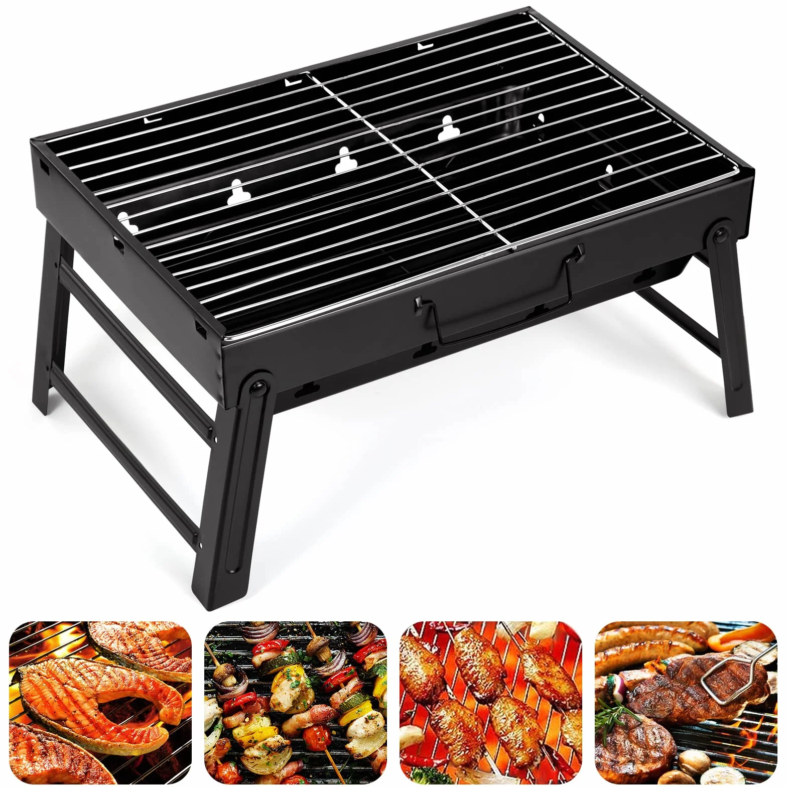 AGM Przenośny grill na węgiel drzewny dla 5-7 osób, średni składany grill na węgiel drzewny, przenośny, na piknik, podróż, taras lub kemping w ogrodzie (52 x 29 x 22 cm)