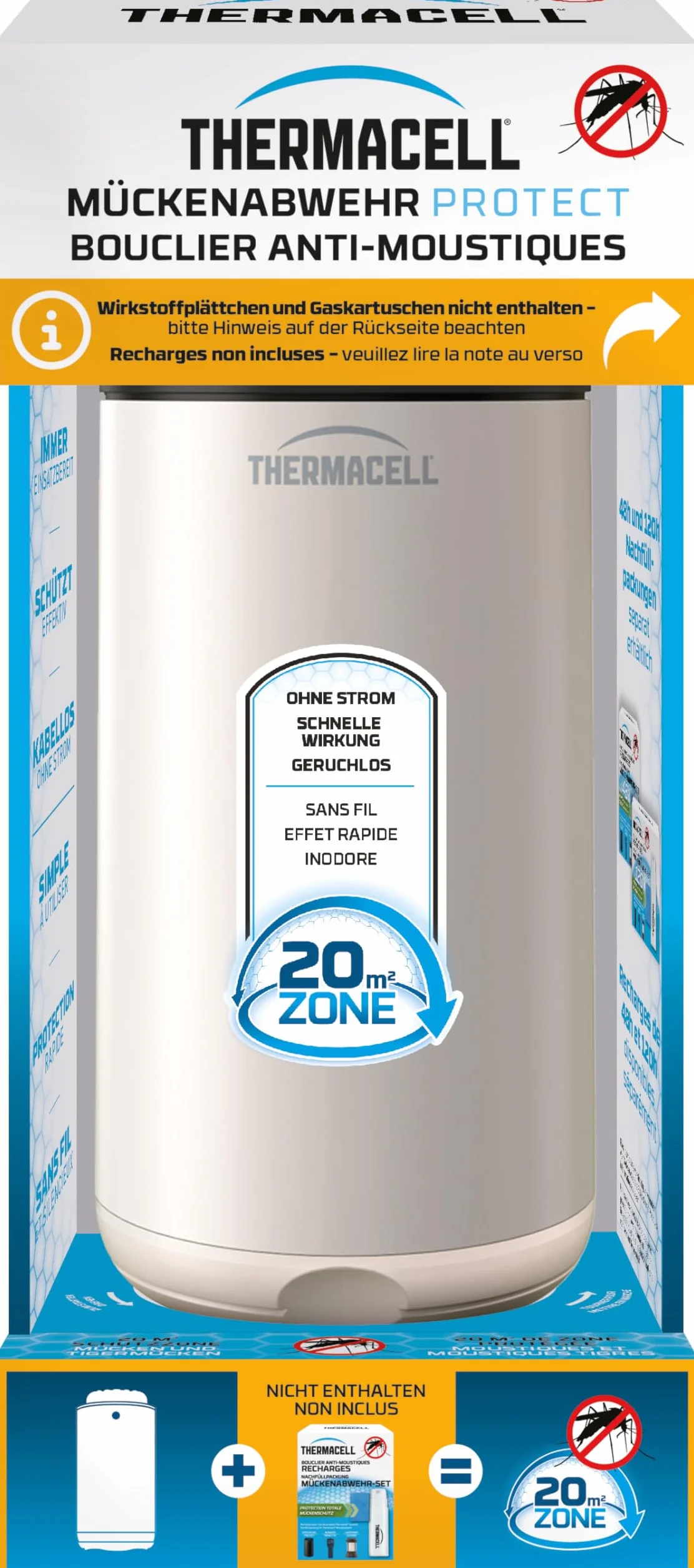 THERMACELL Dyfuzor do odstraszania komarów i komarów, do użytku na zewnątrz, do ogrodu, na taras, bezprzewodowy, Nomad, obszar ochrony 20 m², szybki efekt, bezwonny, bez wkładów w zestawie, biały