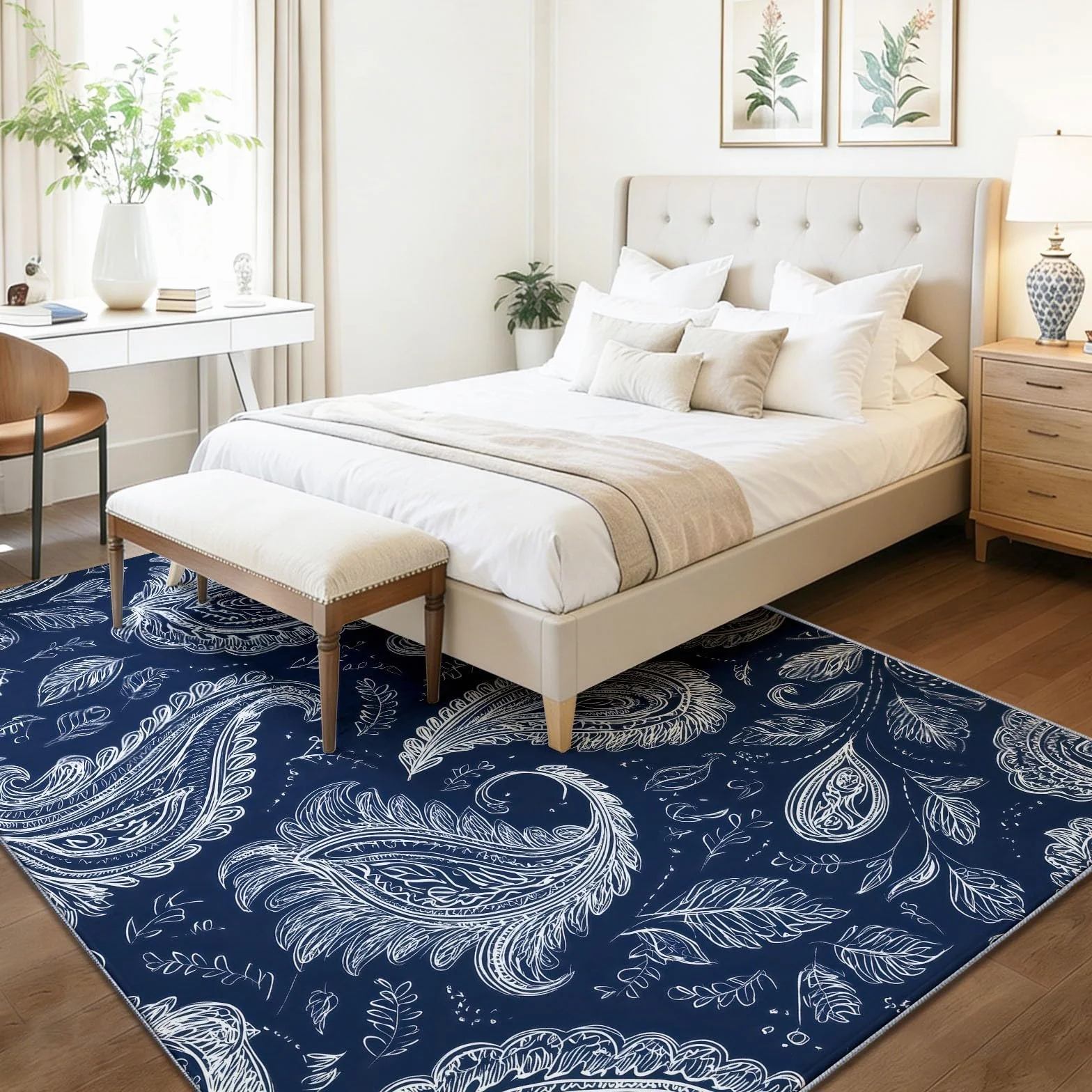 Dywan do salonu, można prać w pralce, 160 x 230 cm, dywan Paisley, antypoślizgowy, białe liście kwiatów nerkowca, niskie runo, nie gubi włosia, nadruk, do jadalni, domu, biura, sypialni