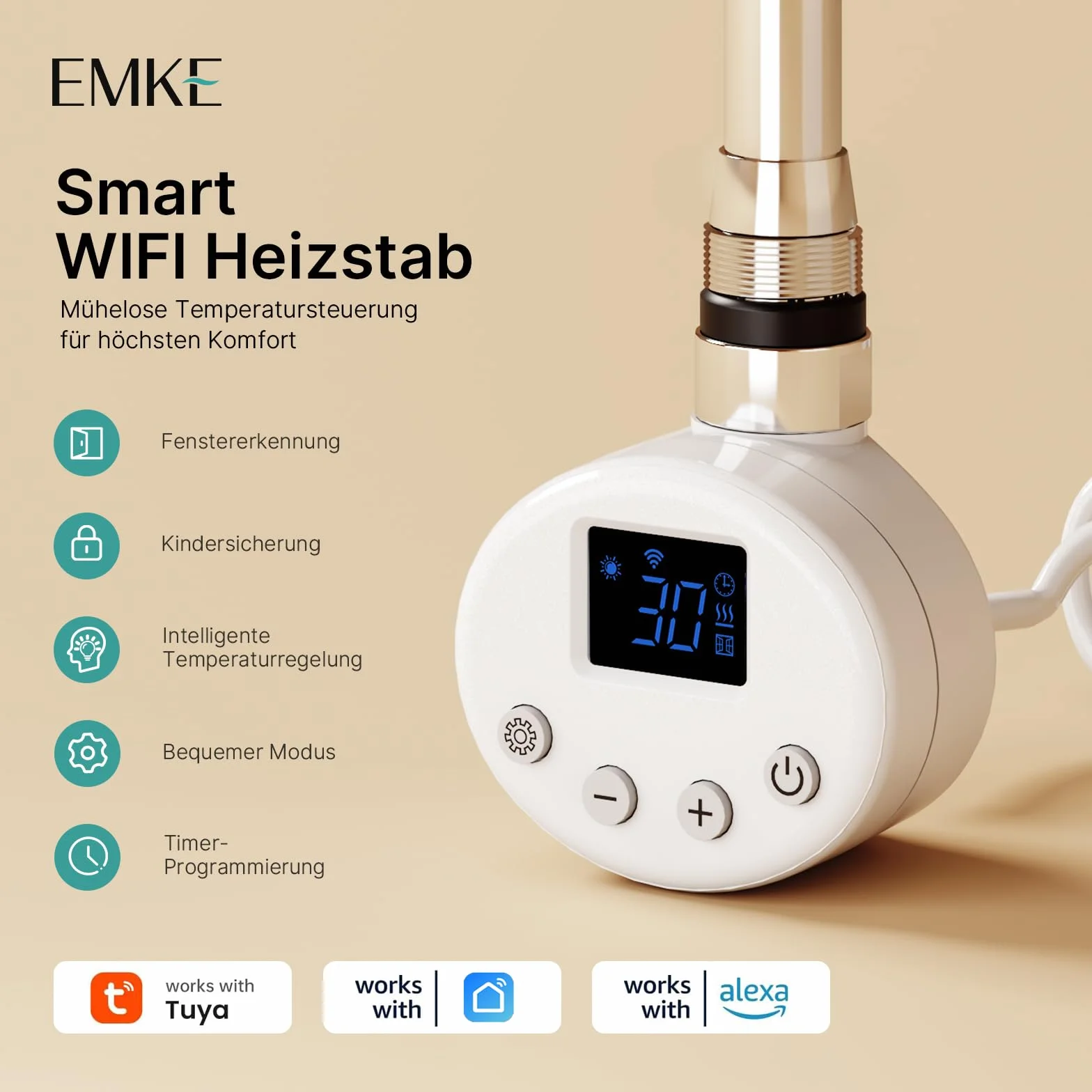 EMKE Pręt grzewczy z termostatem do grzejników łazienkowych 1200 W, wkład grzejny Smart WiFi ze stali nierdzewnej do grzejników, grzejnik na ręczniki, elektryczny biały