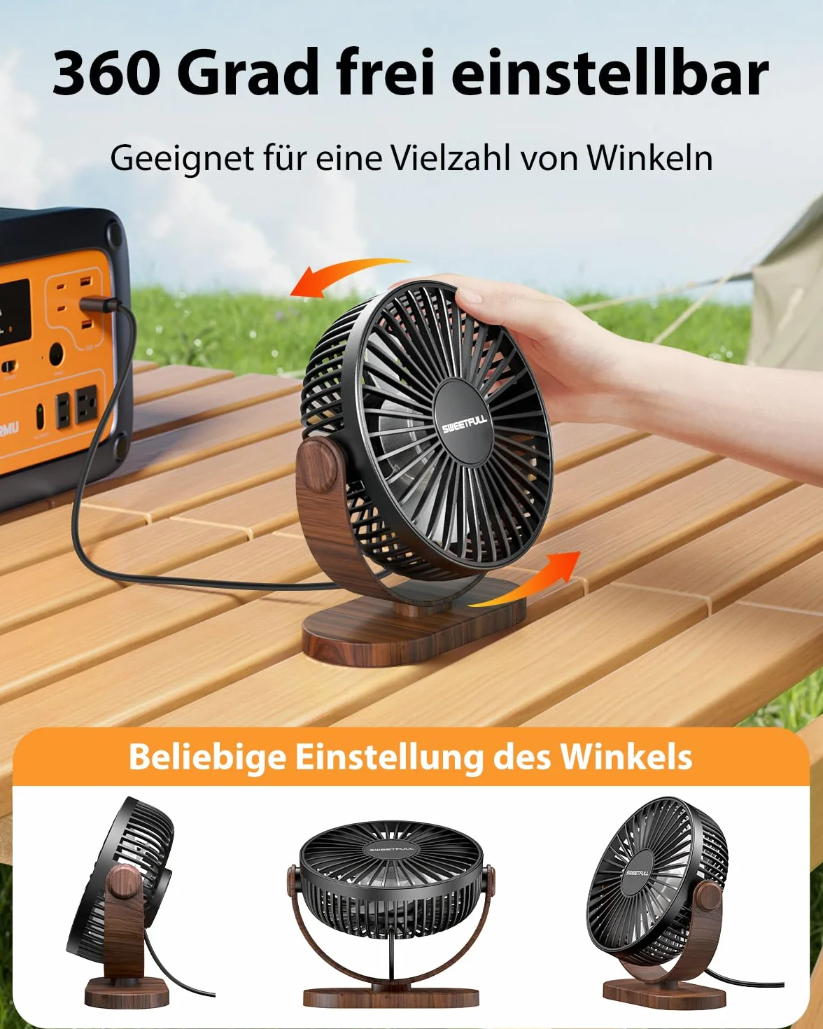 SWEETFULL Wentylator USB, mały wentylator stołowy, cichy, 3 prędkości, łatwy do przenoszenia, do biura, domu i na zewnątrz (czarny)