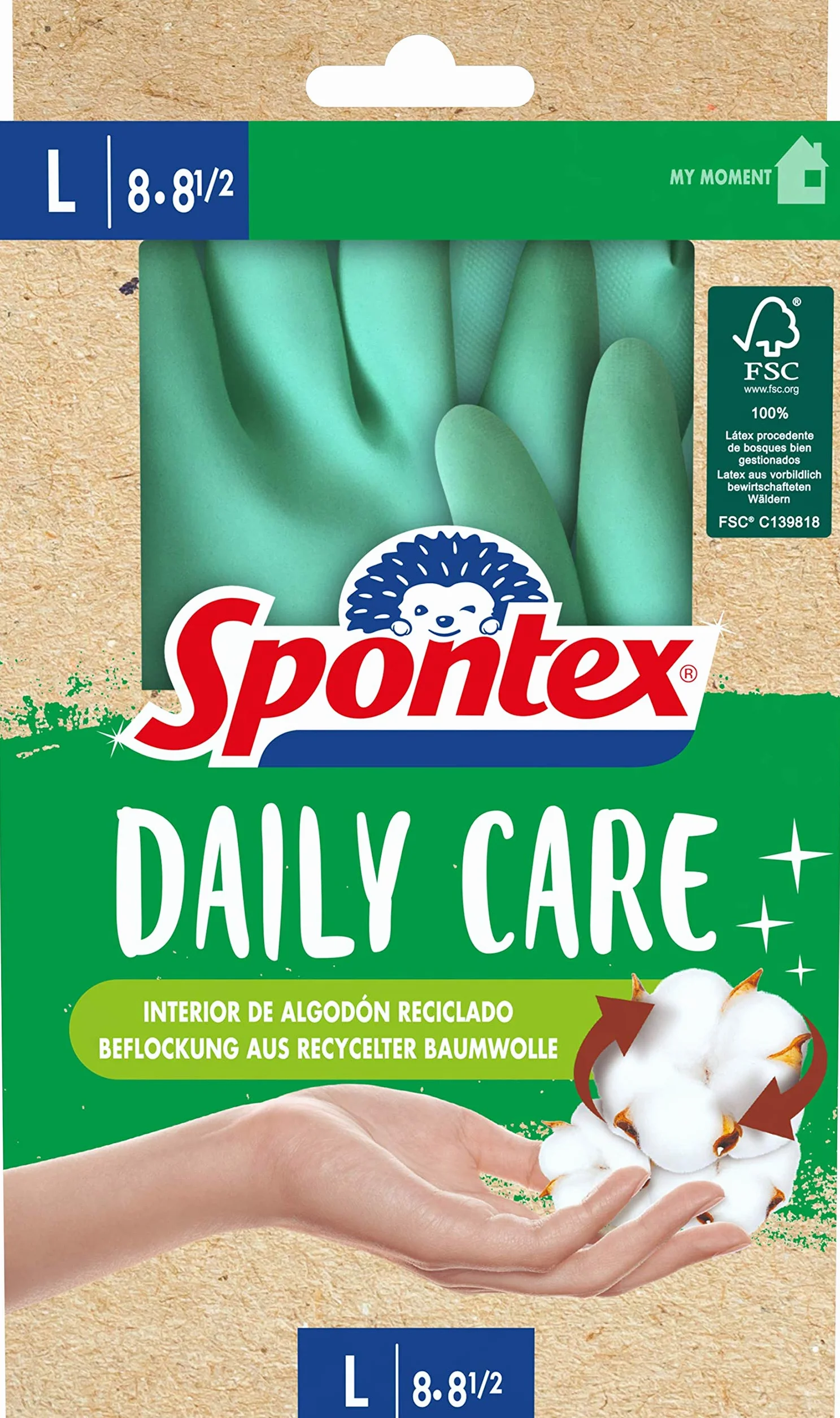 Spontex Daily Care rękawice domowe ze 100% lateksu z certyfikatem FSC, z podszewką z bawełny pochodzącej z recyklingu, do wszystkich prac związanych z czyszczeniem i pielęgnacją, 1 para, rozmiar L