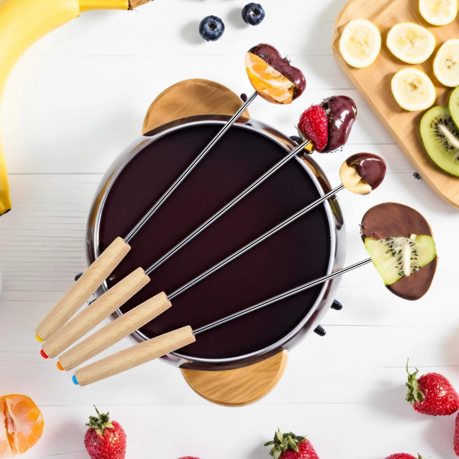12 widelców do grilla, ze stali nierdzewnej, widelce do fondue, ze stali nierdzewnej, widelce do fondue z drewnianym uchwytem, do owoców, warzyw, sera, czekolady, fondue, pieczonych, srebrnych