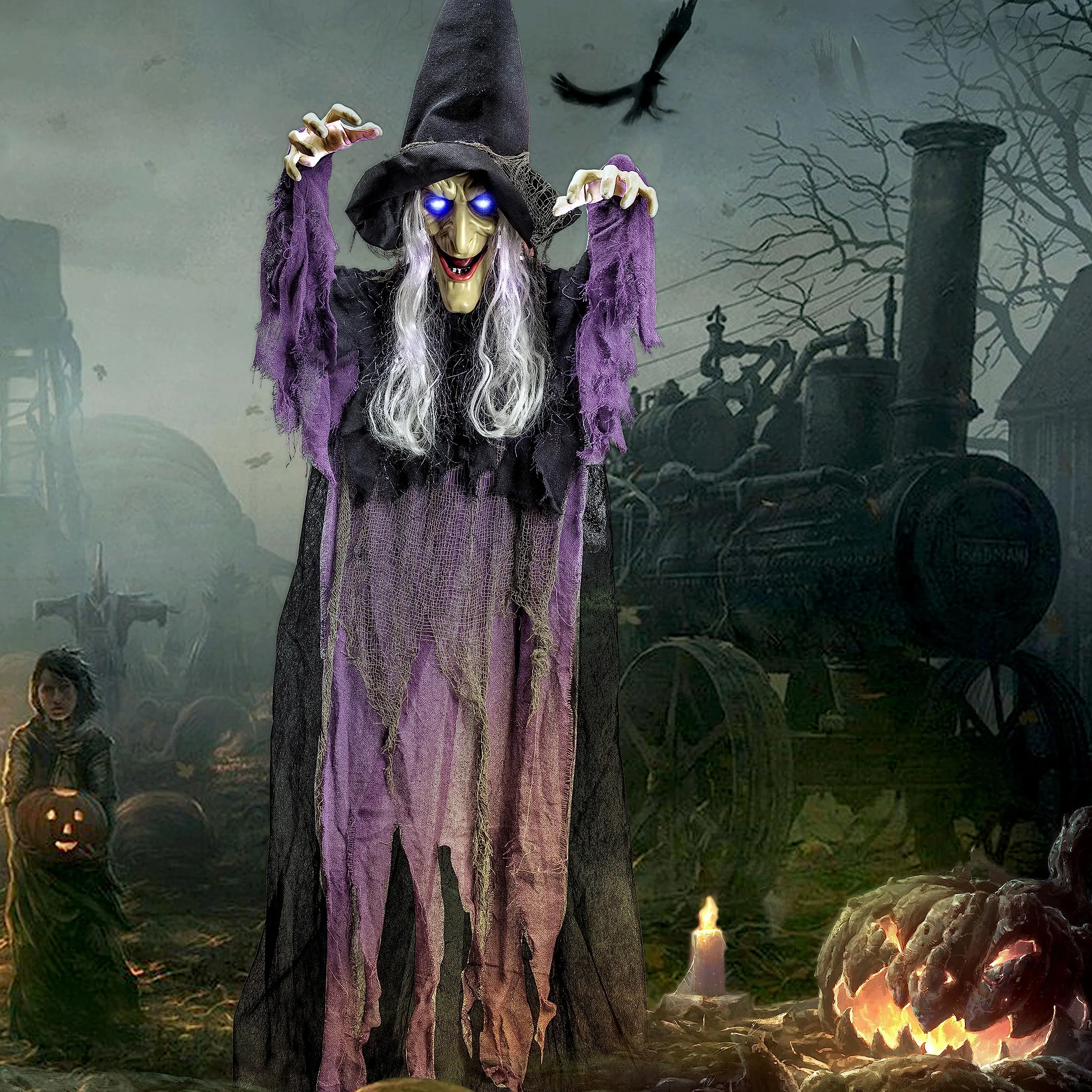 Wisząca animowana dekoracja w postaci mówiącej czarownicy, ze świecącymi oczami i funkcją aktywacji dźwiękiem, na Halloween, do nawiedzonego domu, na zewnątrz, do wewnątrz, 182,9 cm, kolor niebieski