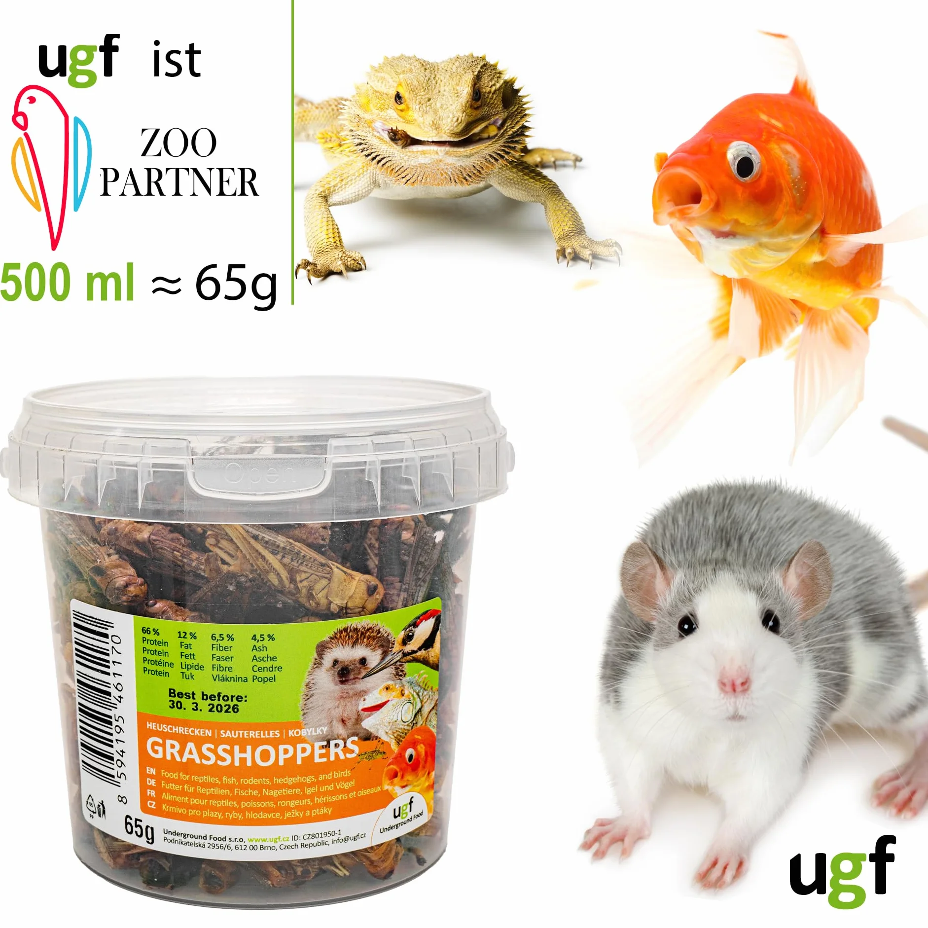UGF suszone koniki polne 65 g wiadro 500 ml karma dla gadów gryzoni jeży jaszczurek dzikich ptaków