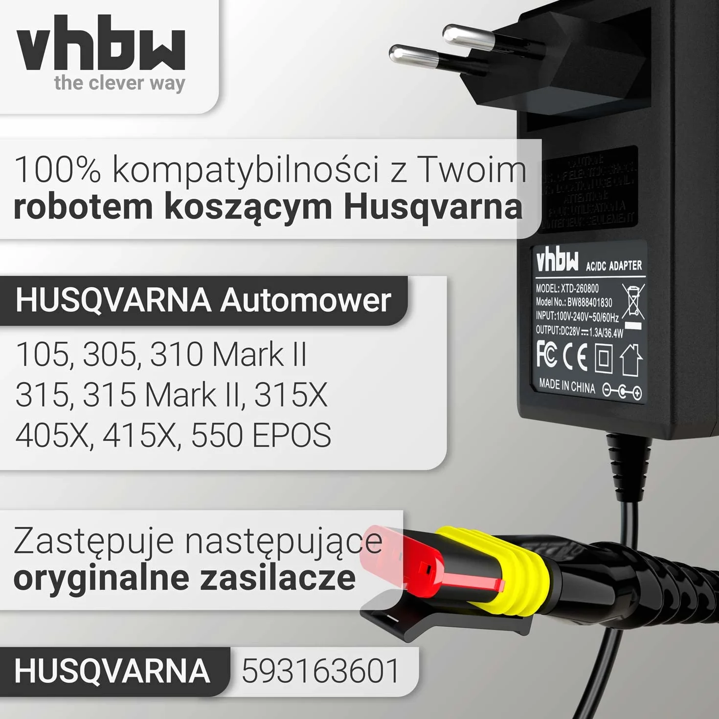 vhbw Zasilacz 28 V kompatybilny z Husqvarna Automower 105, 310, 315, 315X, 305, 310 Mark II, 315 Mark II, robot kosiarka