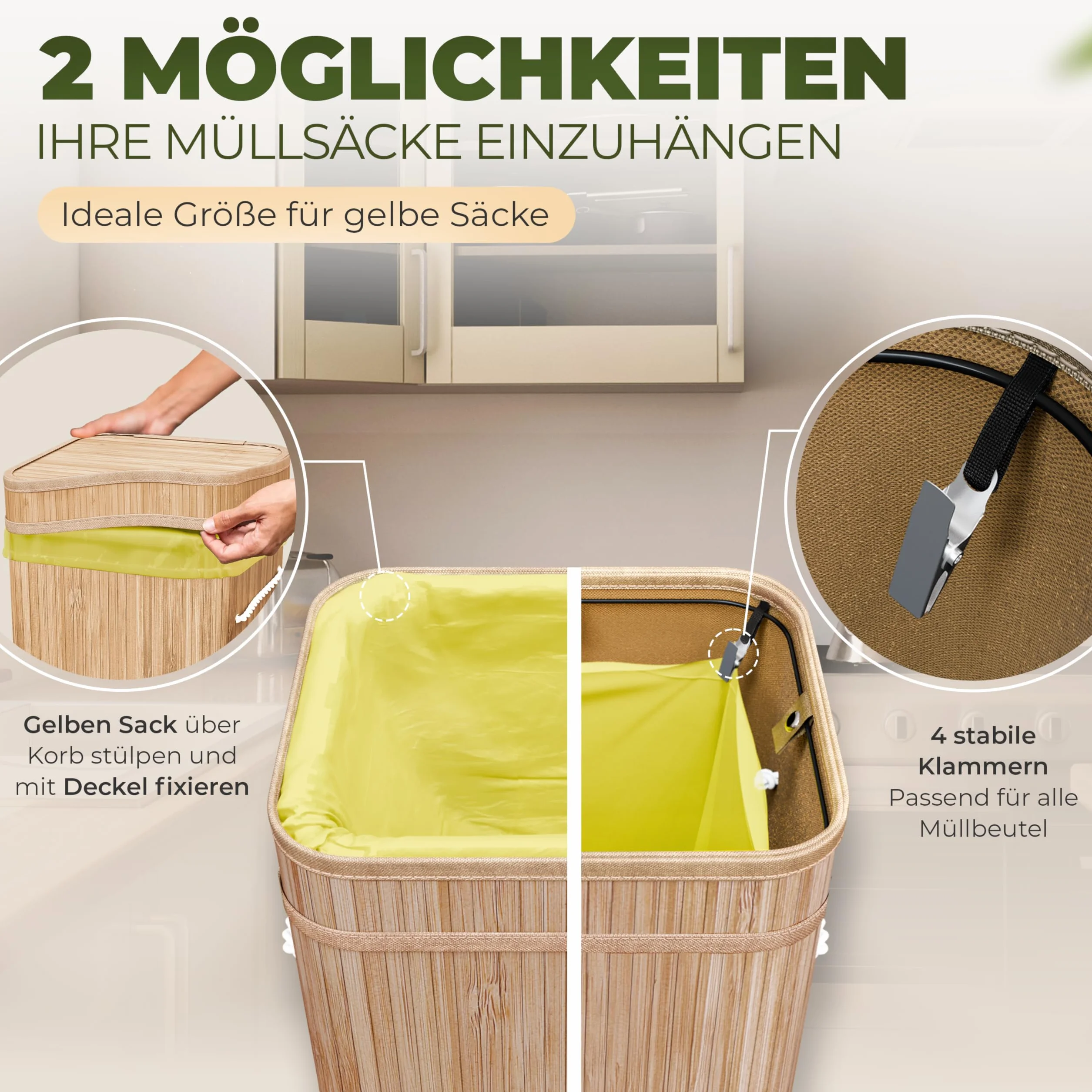 COTTARA® żółty stojak na worki na śmieci z pokrywką, kosz na śmieci na żółte worki z bambusowego pojemnika z wciąganym, zmywalnym wkładem wewnętrznym, 60-120L system na śmieci, pojemnik na recykling