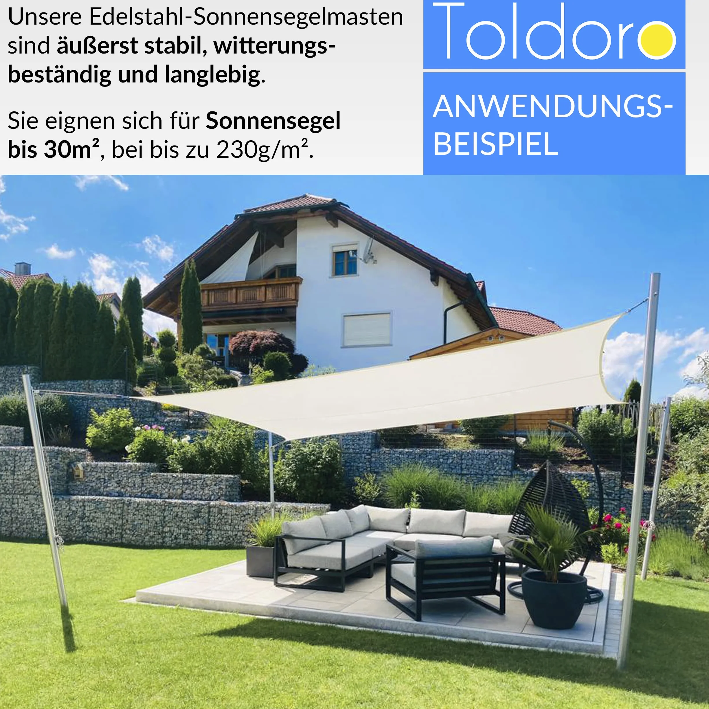 Toldoro® 3 m maszt na żagiel przeciwsłoneczny z bolcem oczkowym / Ø 70 mm, nierdzewny maszt przeciwsłoneczny ze stali szlachetnej V2A / słupek do żagla przeciwsłonecznego/stabilny żagiel