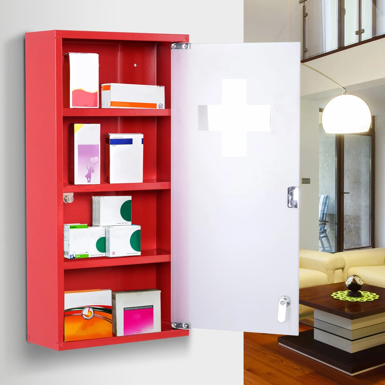 HOMCOM Szafka na leki 3 półki 4 poziomy zamykana na drzwi matowe szkło hartowane Logo Krzyż 30 l x 12 l x 60H cm Stal Czerwona