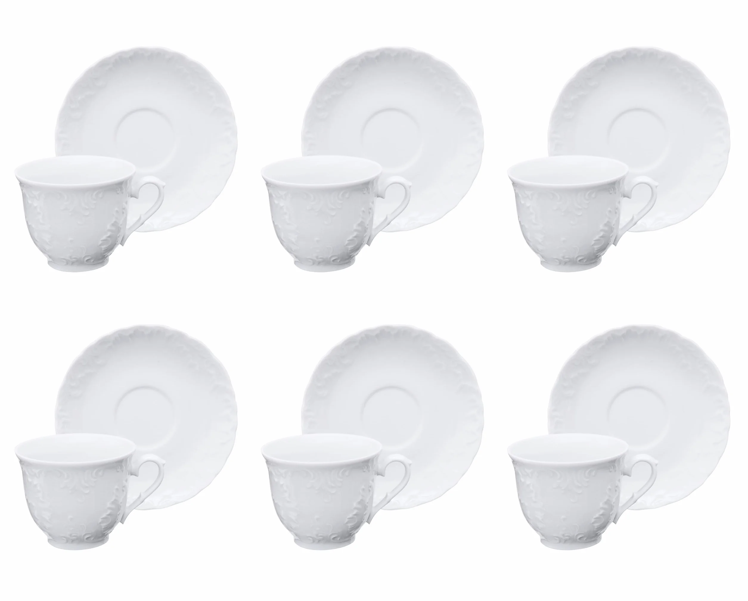 Excelsa Elisa Rococò zestaw 6 filiżanek do herbaty ze spodkiem, pojemność 210 ml, biały, porcelanowy, wytłaczany wystrój