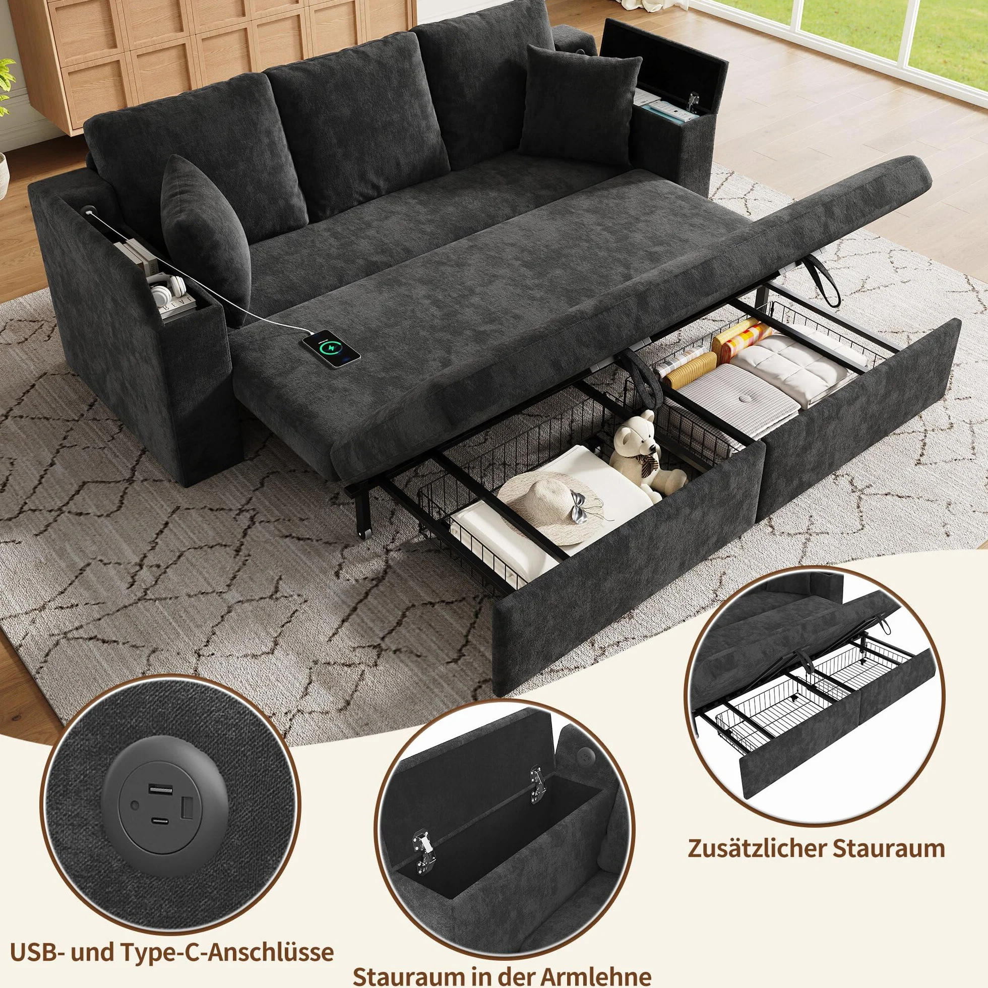 3-osobowa sofa 3 w 1 z funkcją spania, metalowa rama, miejsce do przechowywania, USB i podłokietniki, do salonu i sypialni, wielofunkcyjna, szara