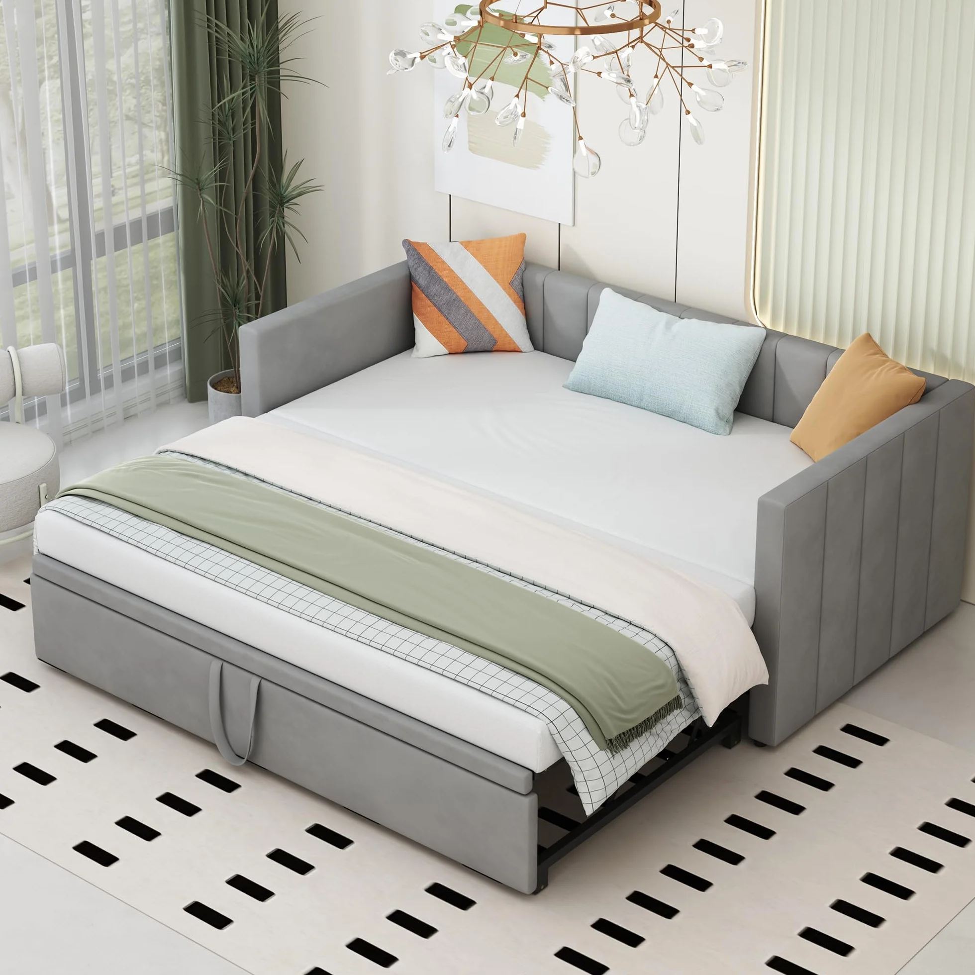 YESGIGA Łóżko tapicerowane, rozkładana sofa do spania 90/180 x 200 cm ze stelażem, łóżko wielofunkcyjne z przyjaznego dla skóry aksamitu (jasnoszare)