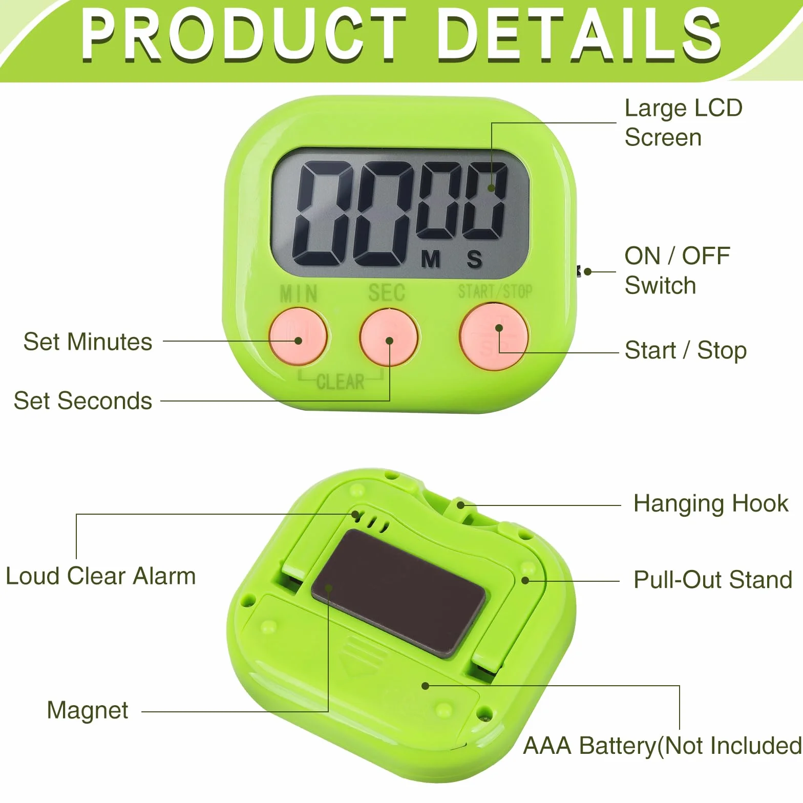Cyfrowy minutnik kuchenny, luzem, magnetyczne timery do klasy, wyświetlacz LCD, głośny alarm, elektroniczny minutnik sekundy dla nauczyciela, ćwiczeń, gotowania, pieczenia (6 kolorów)