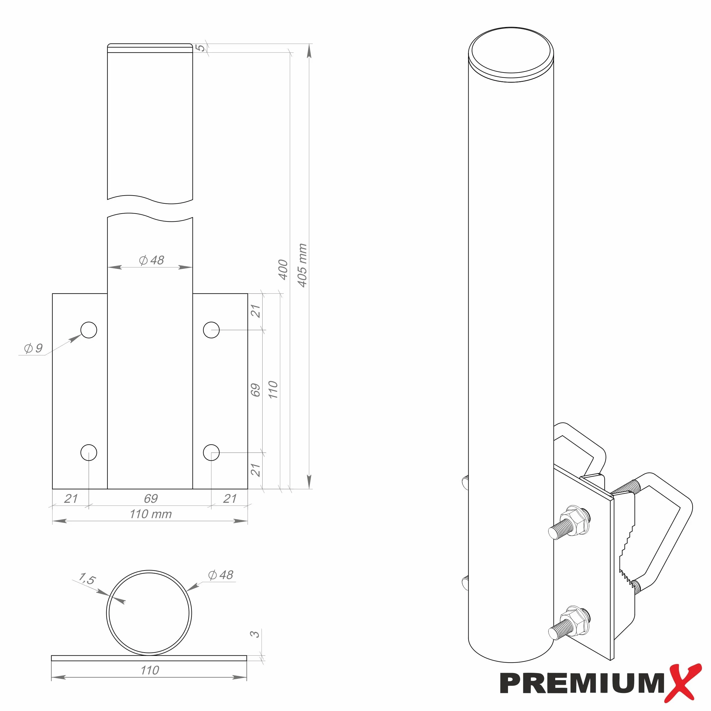PremiumX Uchwyt balkonowy / maszt do poręczy, ze stali, 40 cm z 2 obejmami, średnica 48 mm, przedłużenie masztu, stal