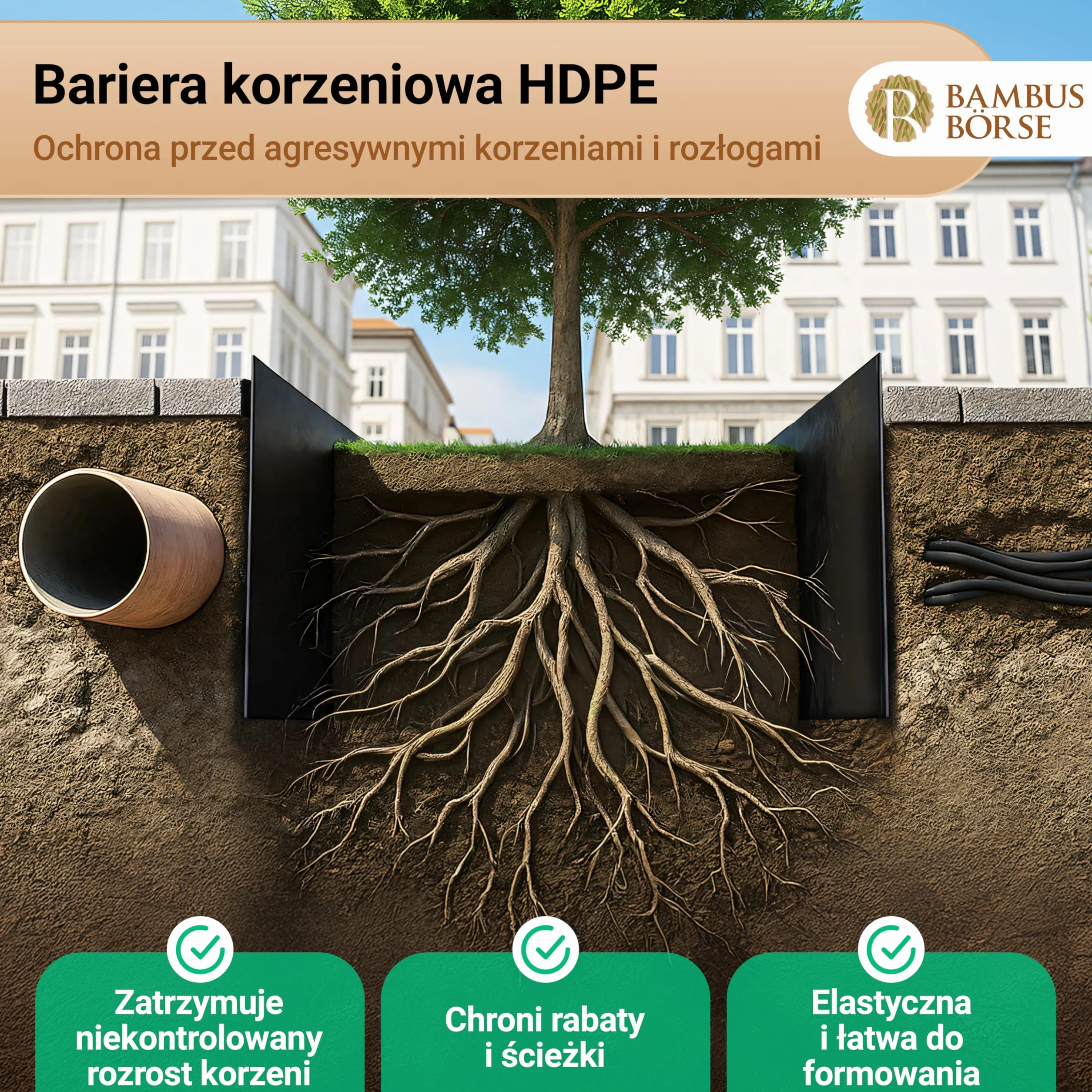 Ogranicznik korzeniowy Bariera kłącza grubość 2 mm, wysokość 70 cm, długość 7 metrów i szyna zamykająca