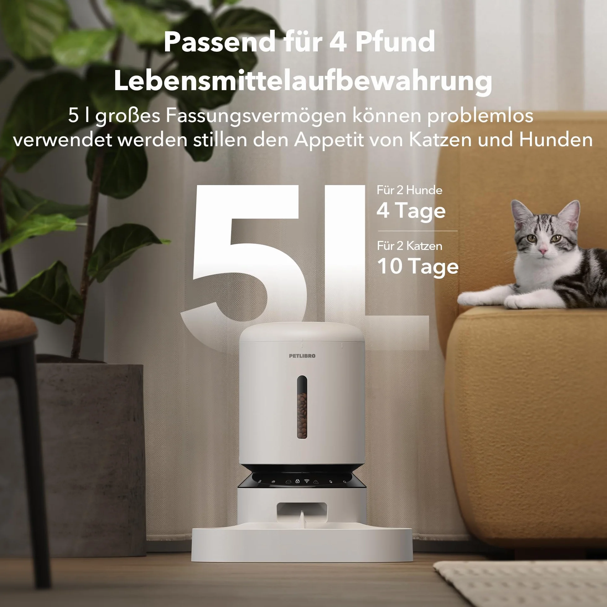 PETLIBRO 5 l automat do karmy dla 2 kotów i psów, z aplikacją, 5 G WLAN, automatyczny dozownik karmy dla kotów z czujnikiem niskiego niedoboru karmy, 1-10 posiłków dziennie