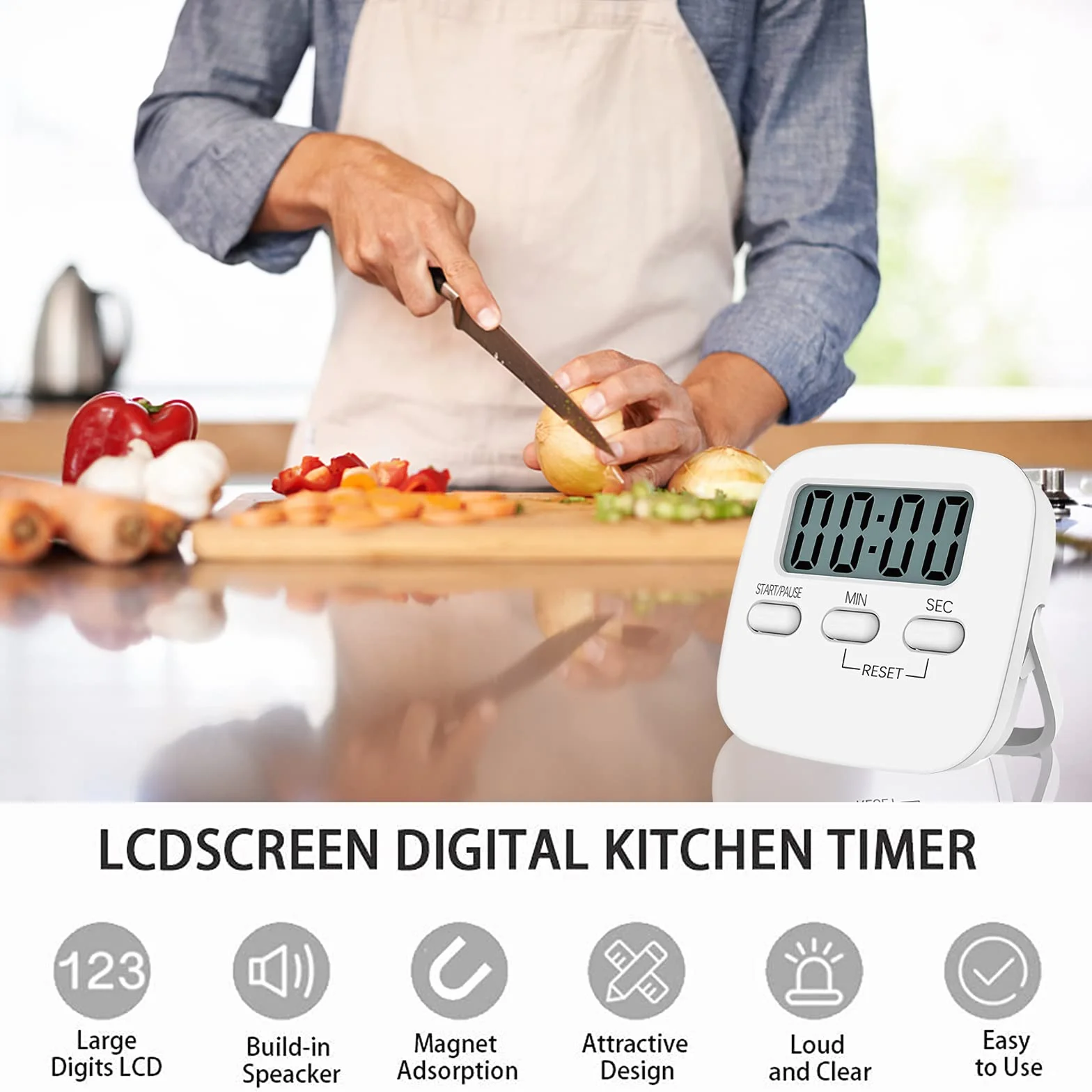 NIAGUOJI timer kuchenny z dużym wyświetlaczem LCD, cyfrowy timer kuchenny do gotowania, magnetyczny stoper, timer z głośnym budzikiem, zegar do jajek, biały