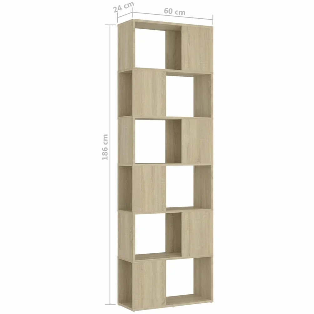 Générique Regał z 6 przegródkami, ścianka działowa Dąb Sonoma 60 x 24 x 186 cm, przestronna szafka do przechowywania książek, DVD i przedmiotów dekoracyjnych, klasyczny i wytrzymały design.