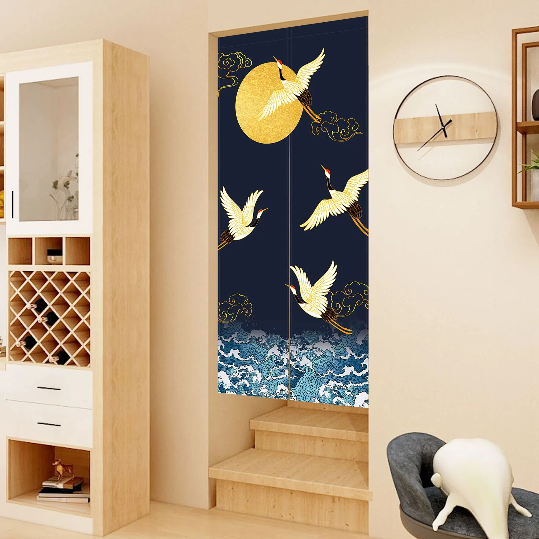 LIGICKY Noren zasłona do drzwi w japońskim stylu żurawie fale złota pełnia księżyca nadruk bawełna len dekoracja drzwi gobelin do dekoracji wnętrz 85 x 180 cm, granatowa