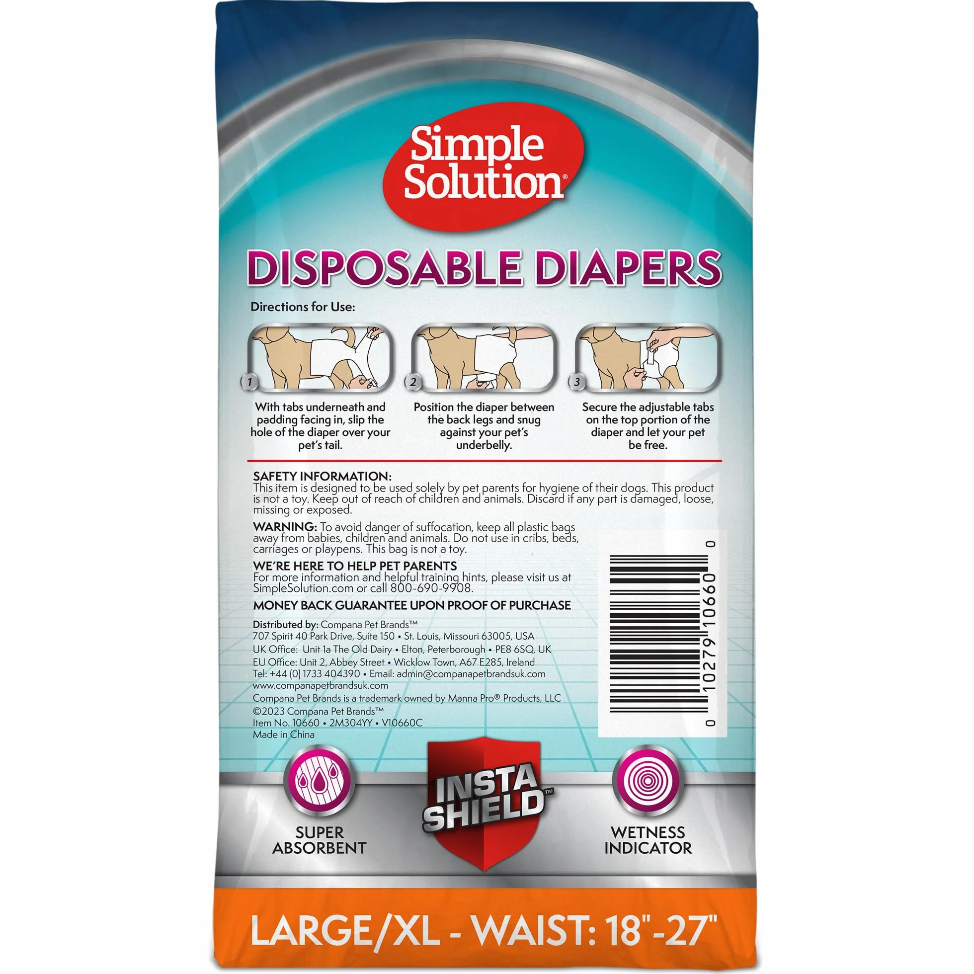 Simple Solution Jednorazowe pieluchy XL dla suczek, standardowy krój, chłonne, szczelne, ze wskaźnikiem wilgotności, podpaska dla szczeniąt, na cieczkę, mocz, dla dużych psów, talia 45–71 cm, 30 szt.