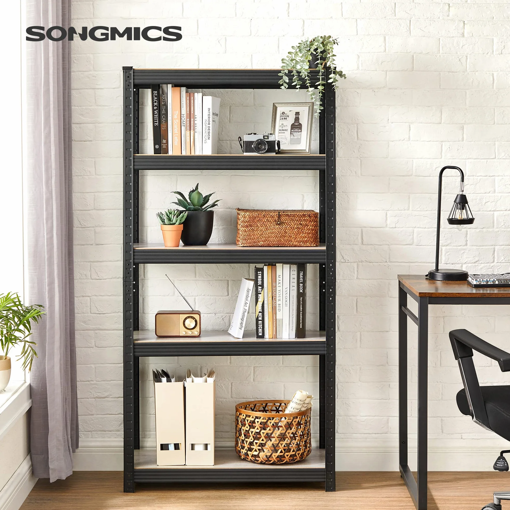 SONGMICS wytrzymały regał, regał na książki, regał do przechowywania, regał stojący, 5 półek, 150 x 75 x 30 cm, nośność do 400 kg, regulowane półki, wzór przemysłowy, naturalno-czarny GLR030B11