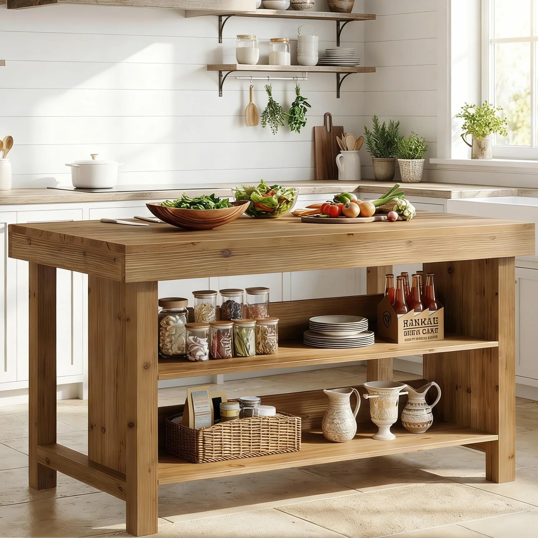 Wyspa kuchenna z litego drewna 140 cm, lada wiejska z 3 otwartymi półkami, duży blat roboczy w kolorze naturalnego dębu, uniwersalny stół stojący do kuchni, jadalni i salonu