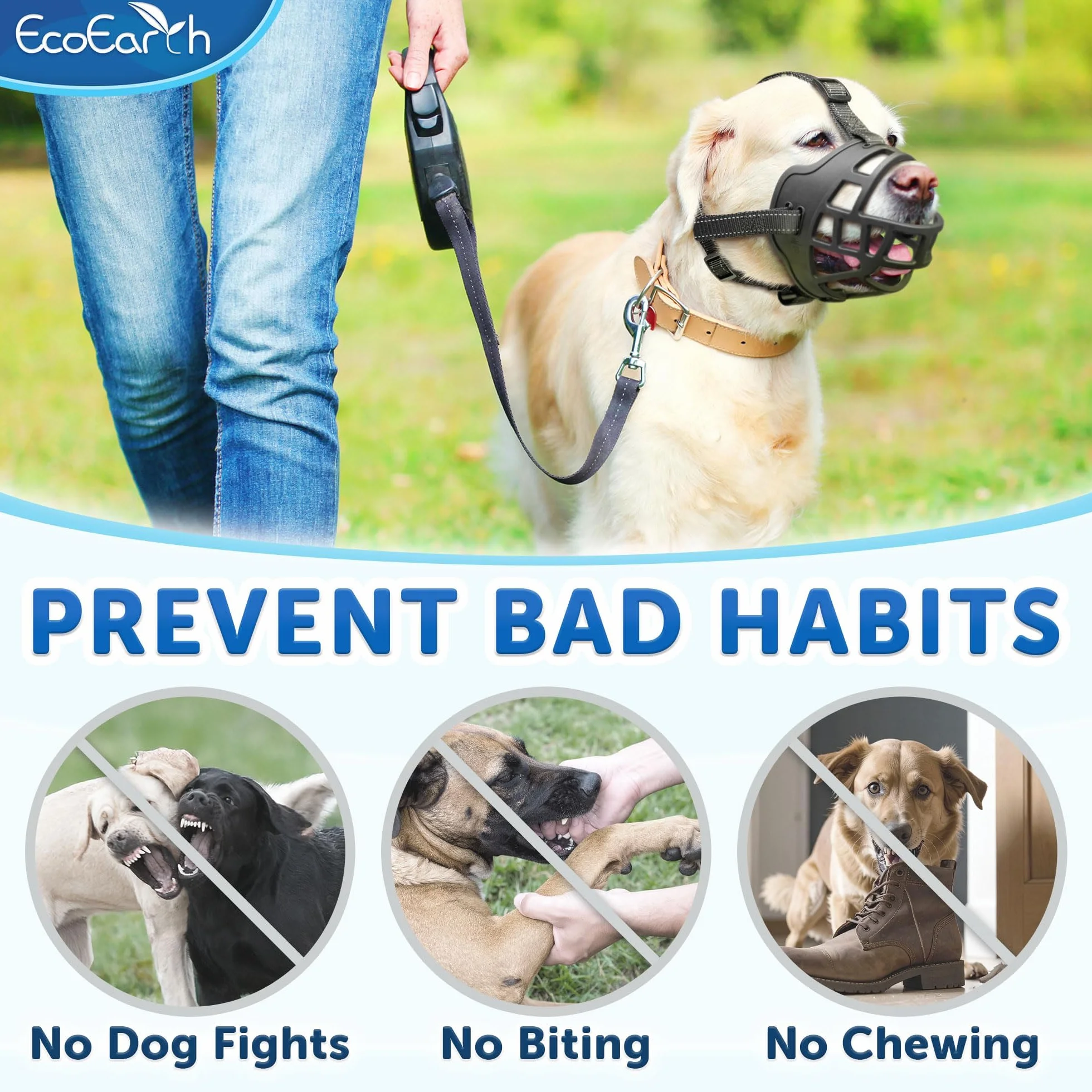 EcoEarth Dog Muzzle Durable Basket Muzzle for Large Dogs Extra Large Black Adjustable Breathable Mouth Guard