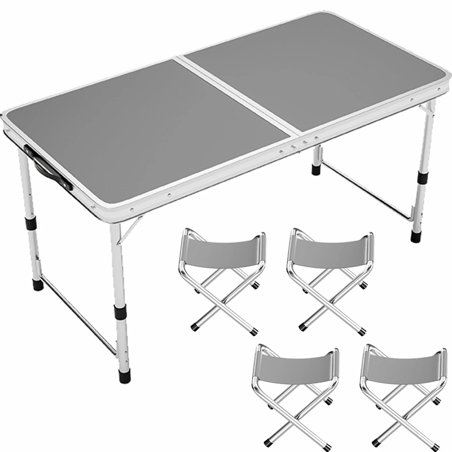 Przenośny aluminiowy składany stół o regulowanej wysokości na zewnątrz kemping piknik ślub biuro przyjęcie - zawiera 2 taborety (120 x 60 cm szary)