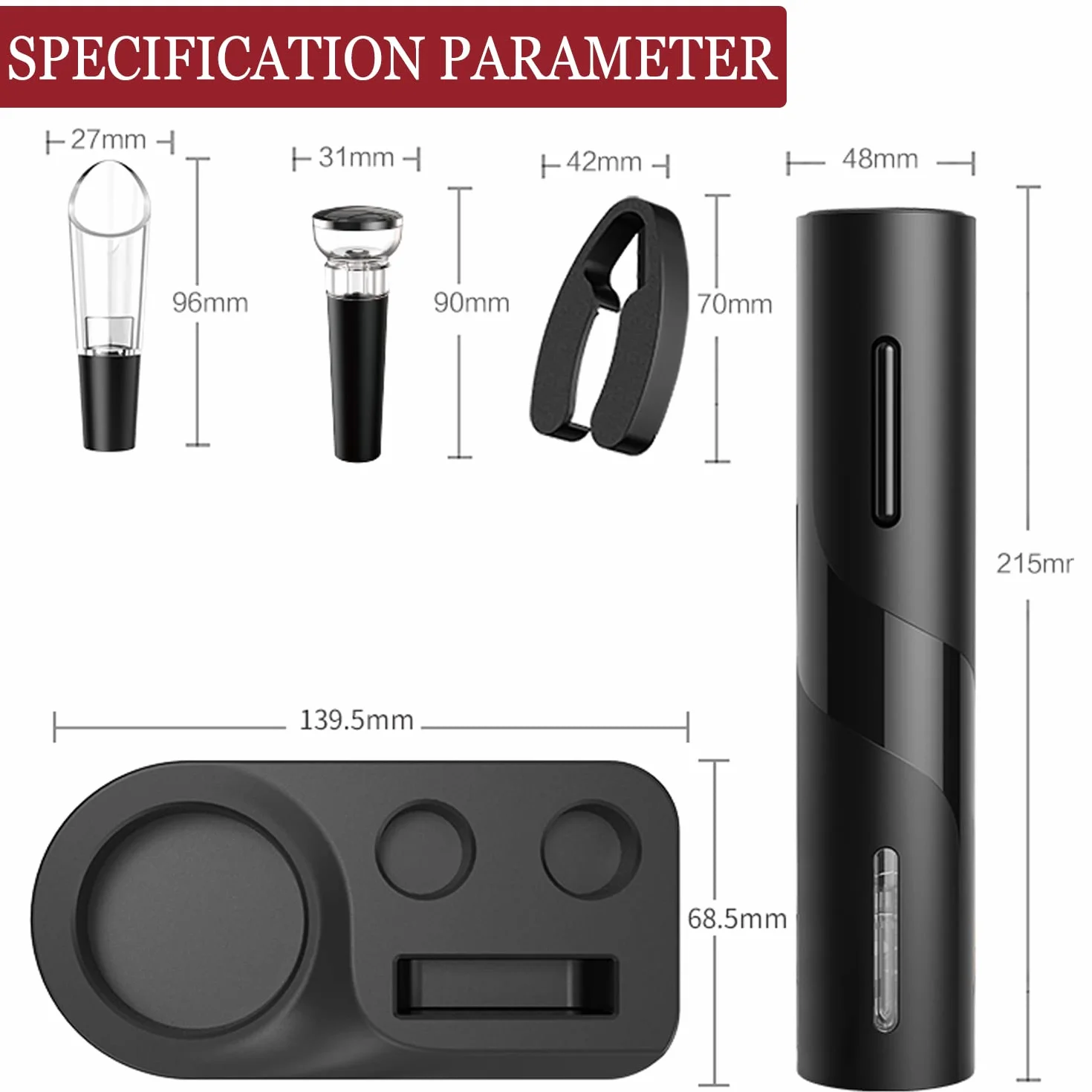 Elektryczny korkociąg do wina, pudełko prezentowe 6 w 1 Elektryczny otwieracz do butelek wina z obcinaczem do folii, korkiem próżniowym i nalewakiem do wina, akumulator USB